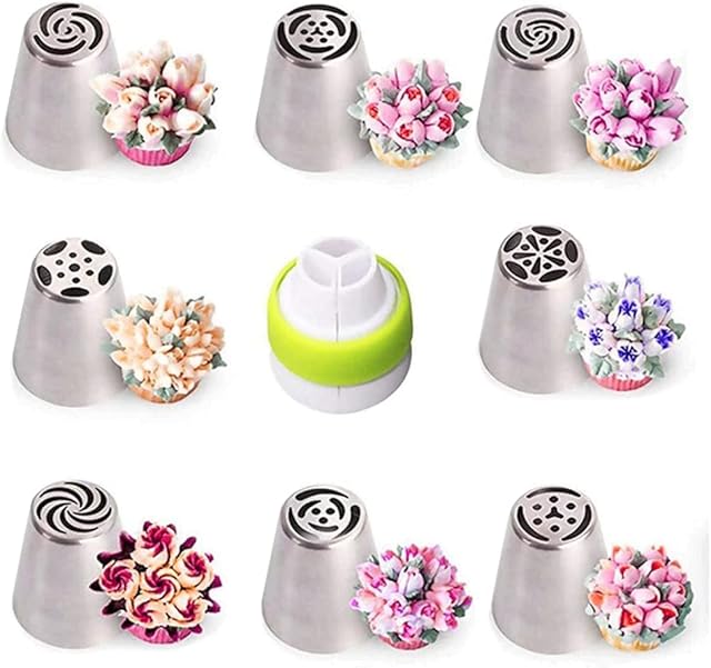 QUUPY Russian Piping Set Icing Piping Nozzles Ball DIY Baking Tools Airbrush Kit for Cake Decorating,Cookies Dessert 9PCS