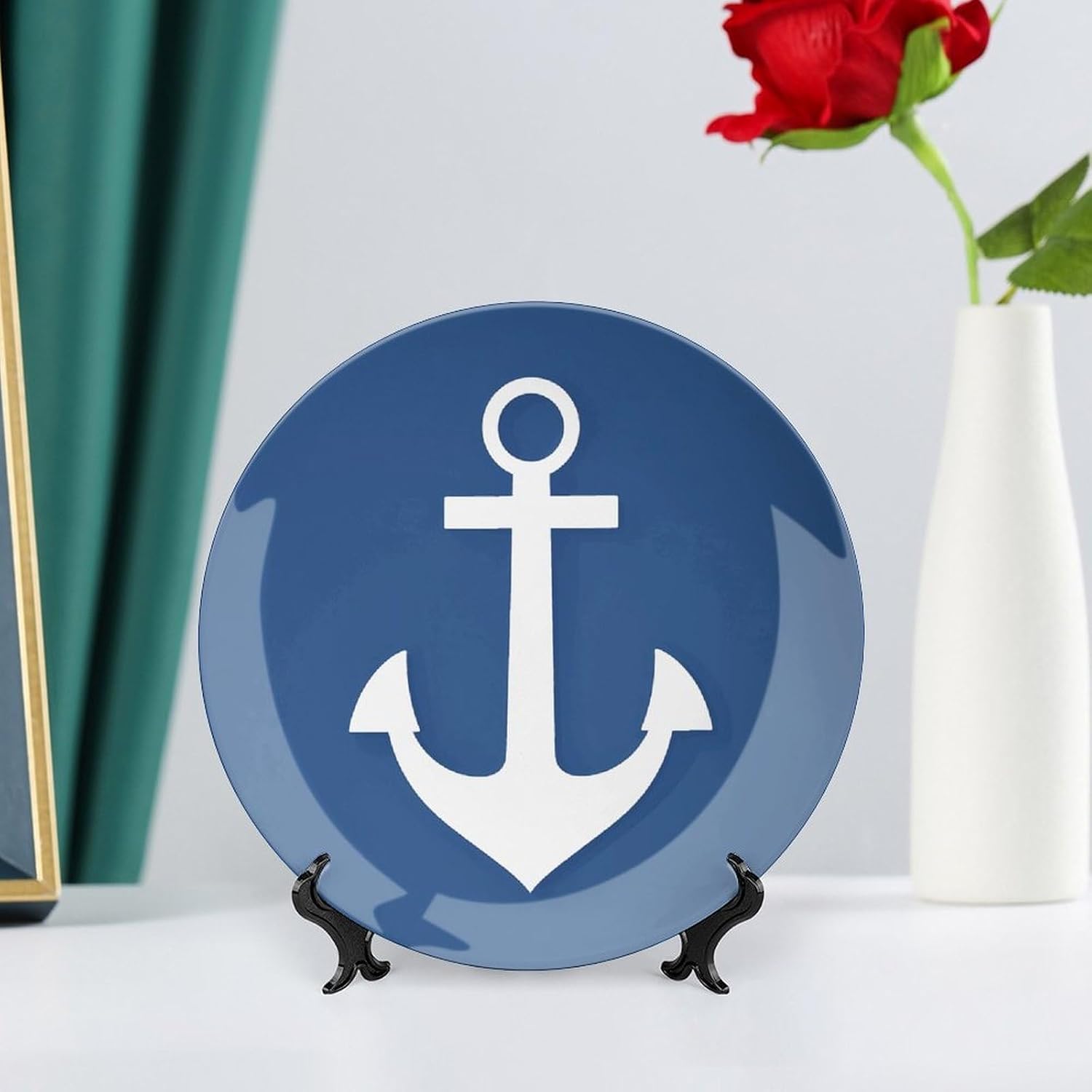 Nautical White Anchor Pattern Ceramic Decorative Plate, Bone China Plates | Chinese Style Decorative Dish with Stand, Dinner Plates Art Crafts for Wall Decor, Collections Plate with Hook 8inch