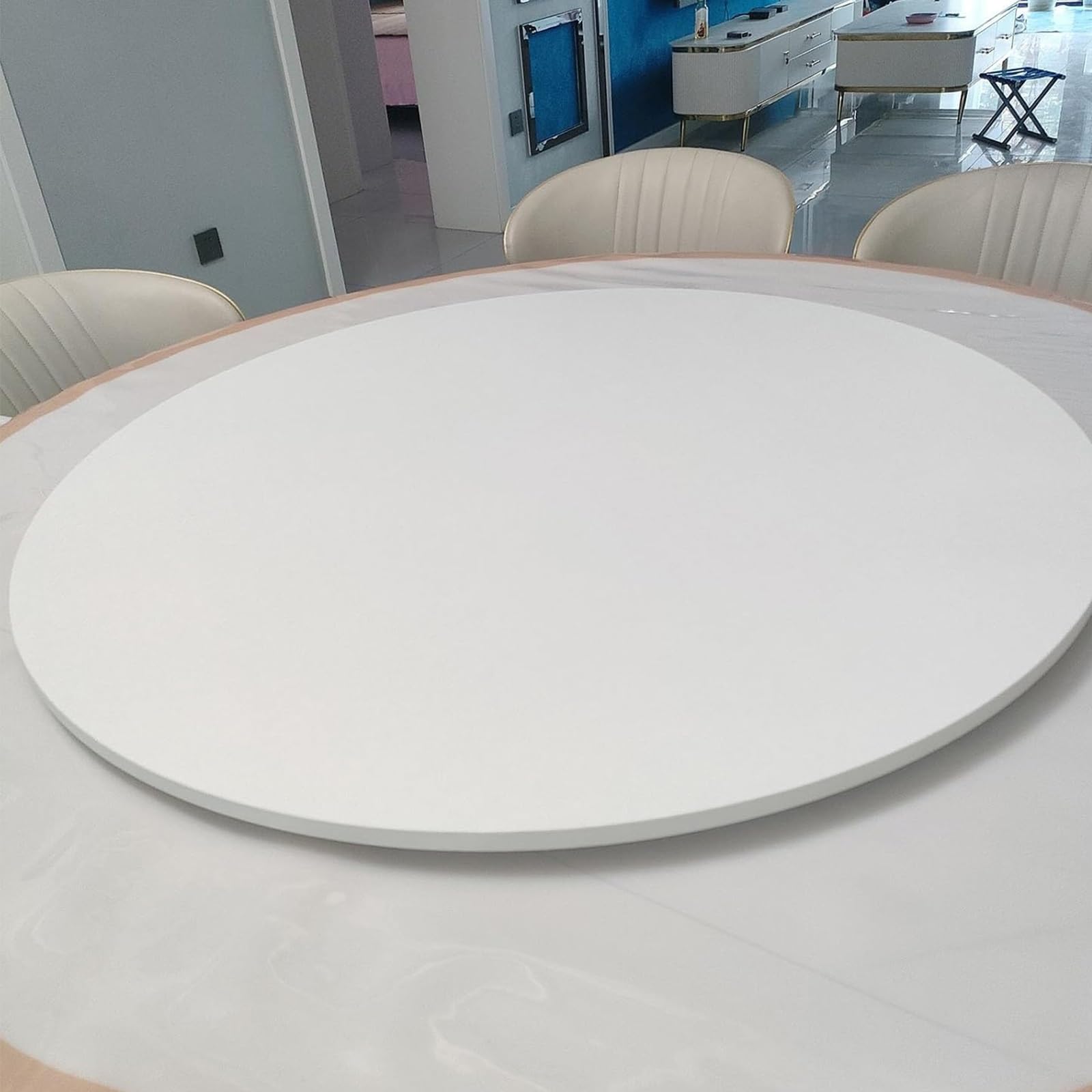 Mesa de comedor de madera blanca giratoria de 360°, giratoria de 360°, plato giratorio de cocina con bordes redondeados, ideal para comidas familiares y entretenimiento