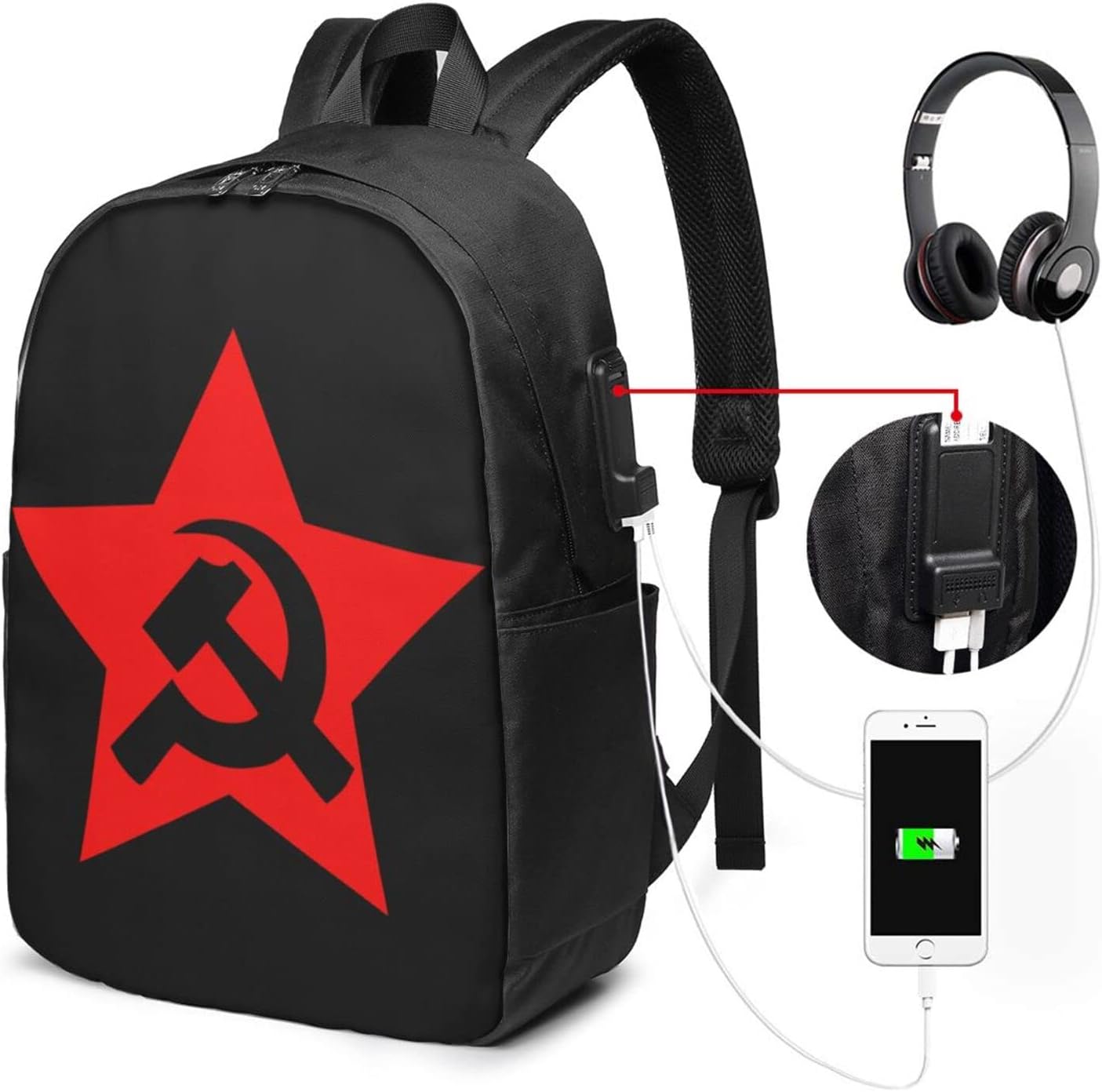 Communist Hammer Sickle and Star Flag Laptop Backpack, Travel Backpack with USB Charging Port, Computer Bag for Men Women
