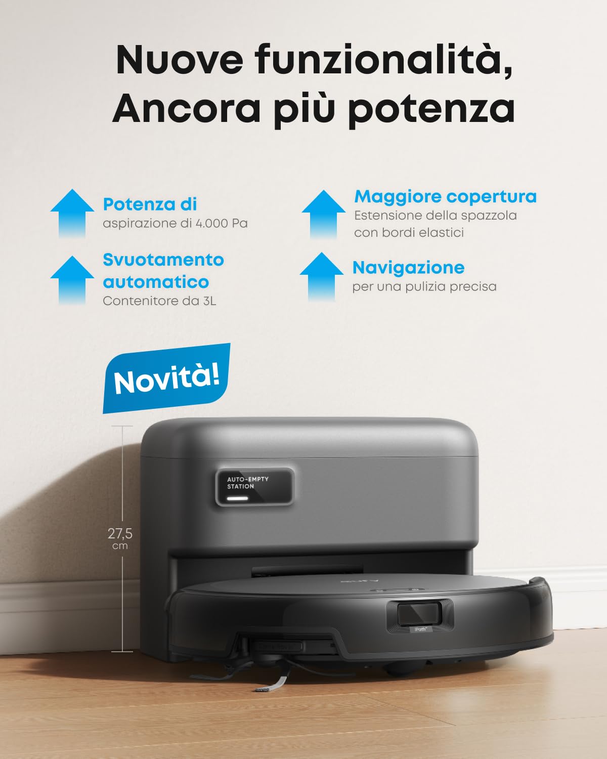 eufy C10 Robot Aspirapolvere con Stazione Aspirazione Automatica | Design ultra piatto 7,2 cm, Pulizia tappeti, Spazzola estensibile angoli, Svuotamento auto, Navigazione laser.