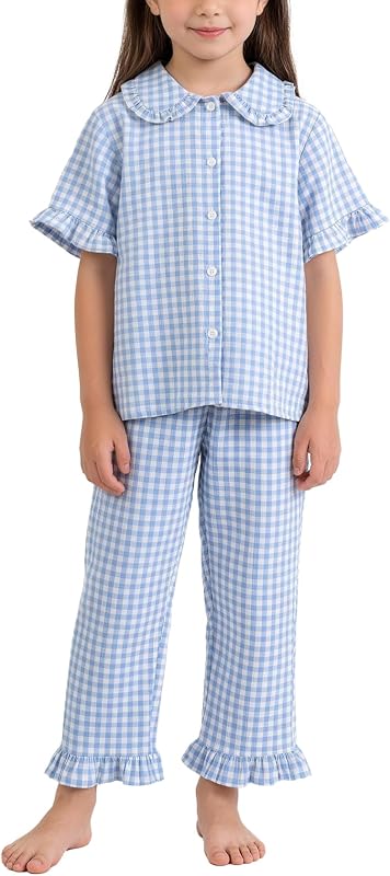Flygo Girls 2 Piece Gingham Outfits Cotton Ruffle Clothing Sets 5-14 | Cute Ruffled Peter Pan Collar, Short Sleeve Button Down Top, High Waist Pants with Pockets, Cute Plaid Set for Birthday Gifts