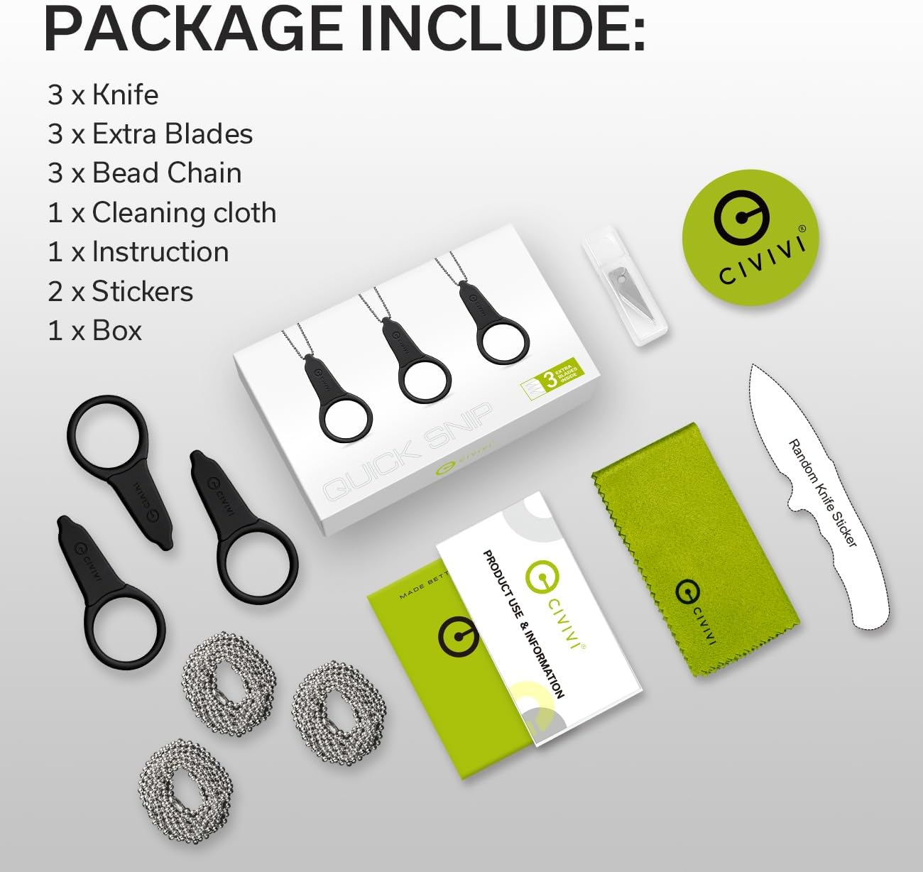 CIVIVI 3 Pack Box Cutter Utility Knife, Mini Neck Knife for Men Women EDC, Quick Snip Knife with 3Pcs Extra Blades, 3Pcs Bead Chain C22022A-2