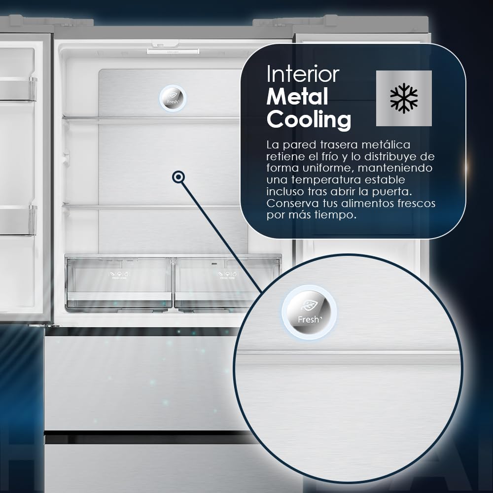 HYUNDAI Frigorífico French Door Inox, 4 Puertas HFR18383NDDI00, Capacidad 436 Litros, No Frost, Inverter, 38 dB, Puerta Francesa, Apertura Uñero, Clasificación Energética E