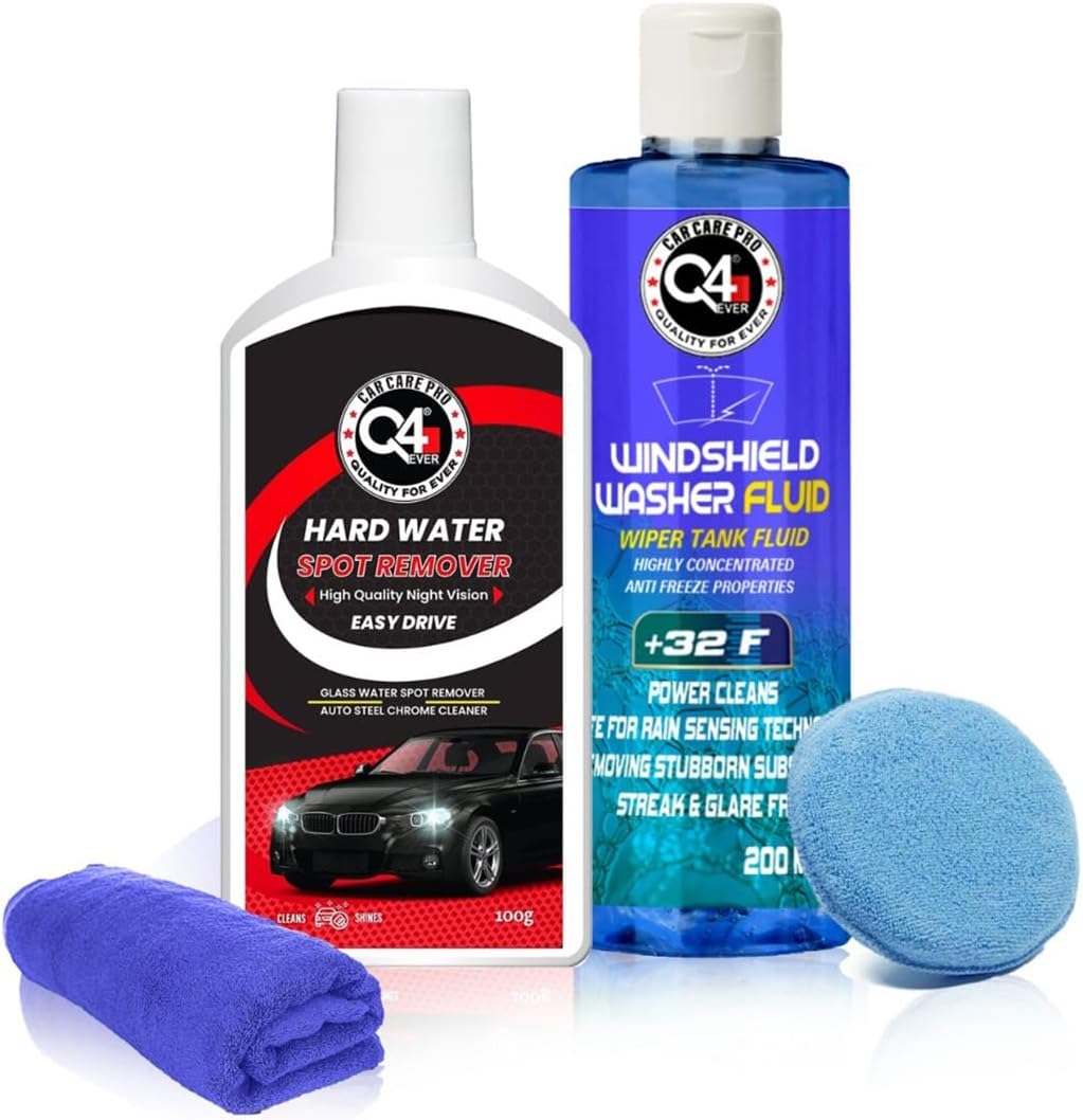 Auto Care Glass Polish Hard Water Spot Remover 100Gms + Foam Applicator + Microfiber Cloth + Windshield Washer Fluid 200ml (4 Items Pack Cream)