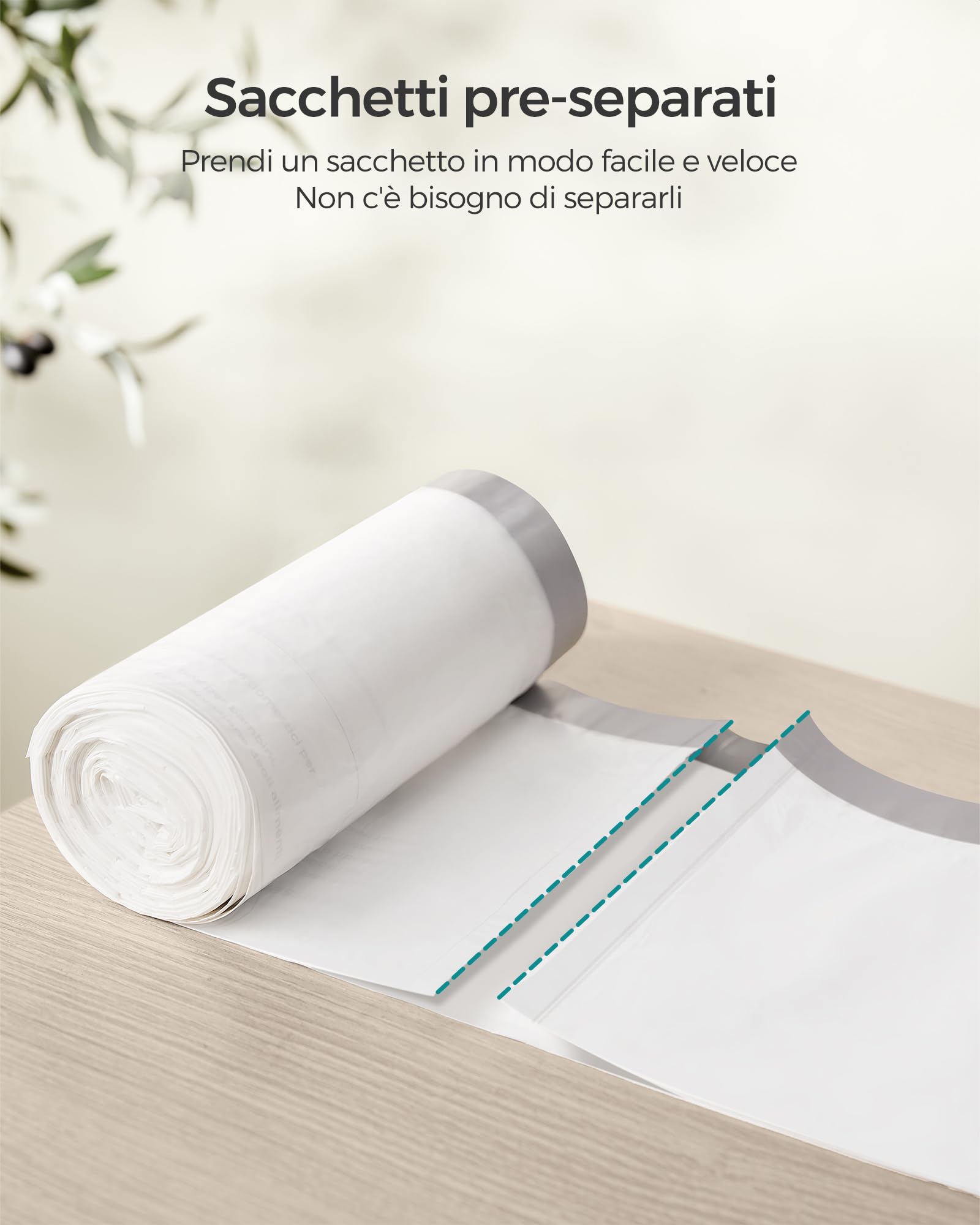 SONGMICS Sacchi Spazzatura, Sacchetti per Immondizia con Manici a Cordoncino, Sacchi per Pattumiere da Cucina da 50L, Pre-separati, Codice 050A01, 2 Rotoli, 80 Pezzi, Bianco KRB050A02