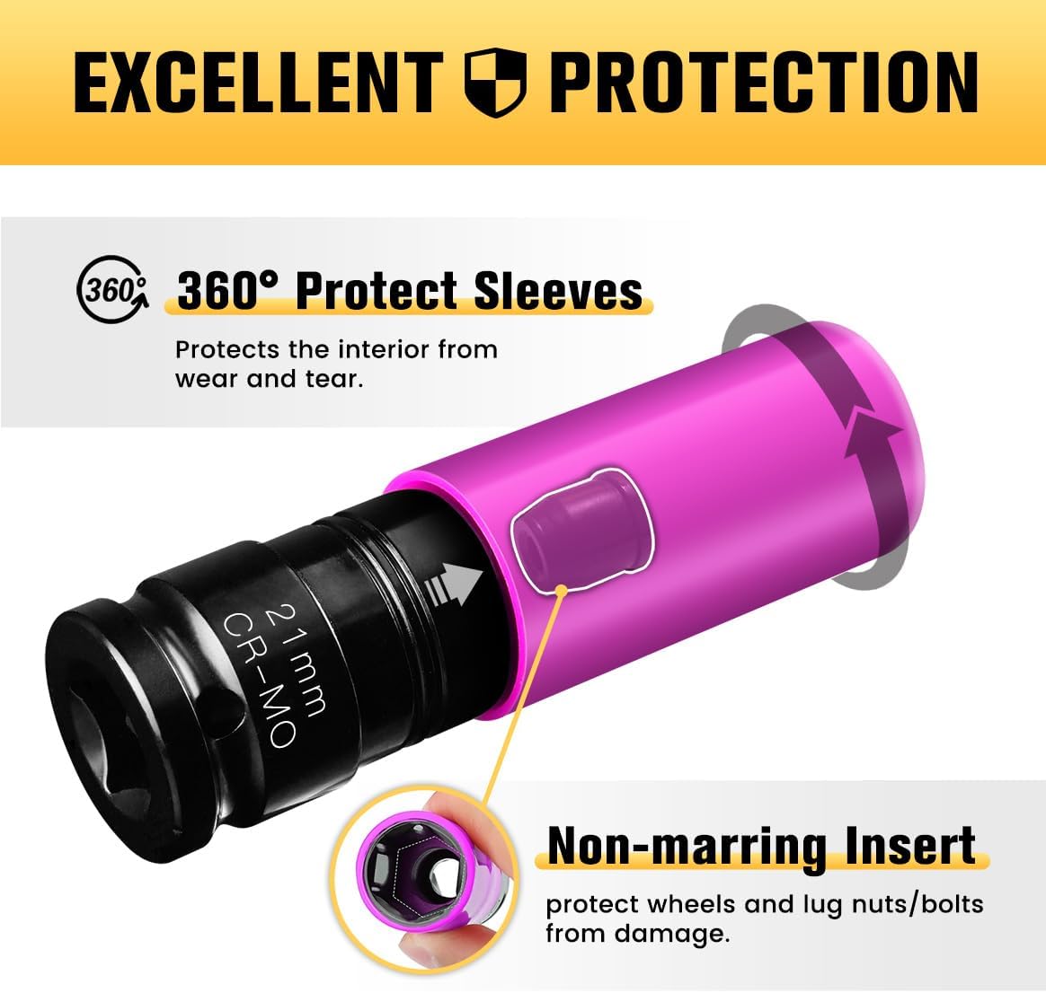 BOEN 22mm 1/2" Drive Wheel Protector Impact Socket, Non-Marring Lug Nut Thin Wall Deep Socket Set, Chrome-Molybdenum Steel, 6 Point, Color-Coded Protective Socket - Image 5