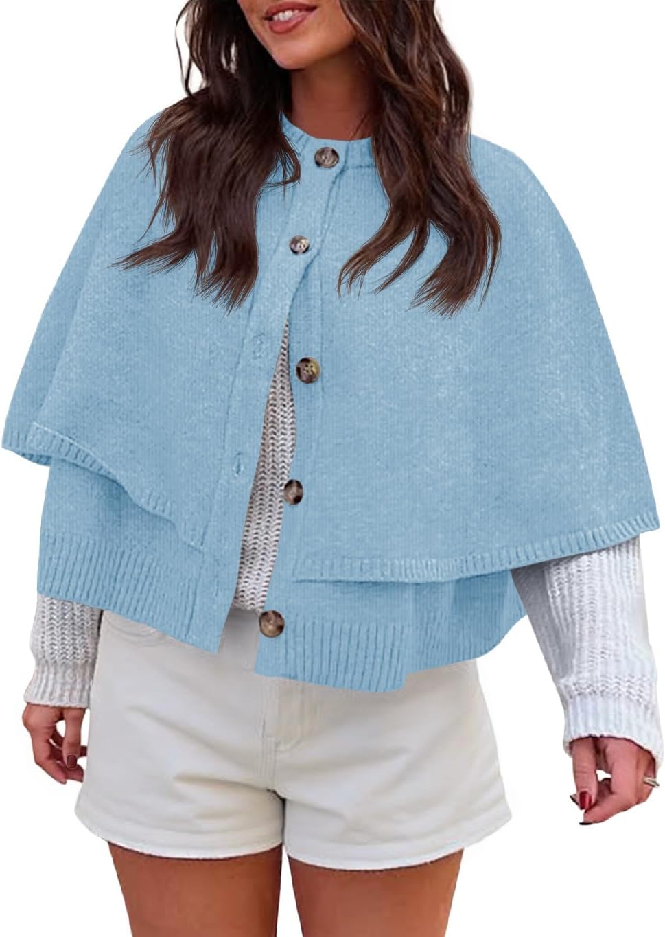 Saodimallsu Womens Cropped Cape Cardigan Button Up Crew Neck Jacket Shawl Fall Trendy Knit Sweater