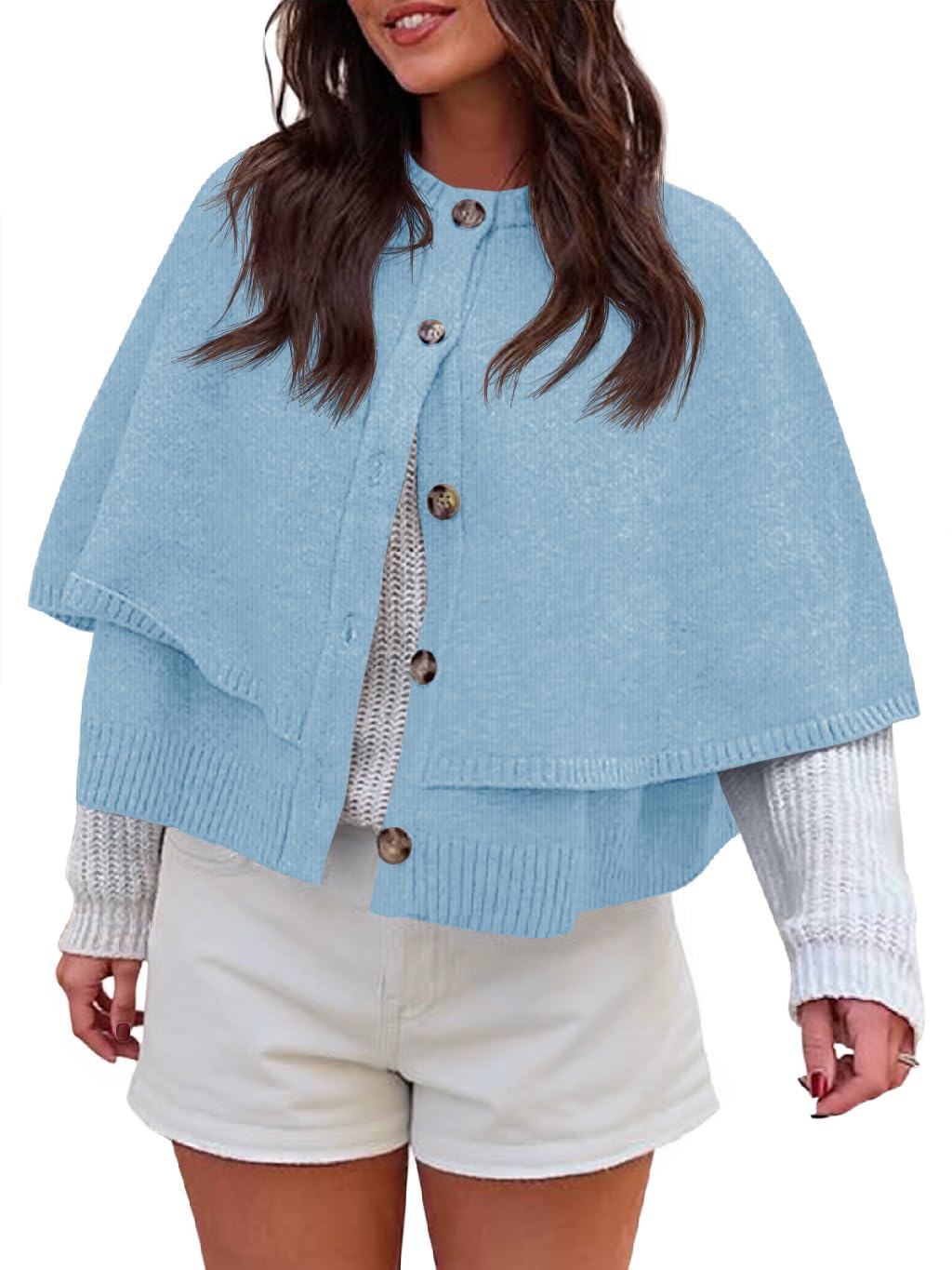 Saodimallsu Womens Cropped Cape Cardigan Button Up Crew Neck Jacket Shawl Fall Trendy Knit Sweater