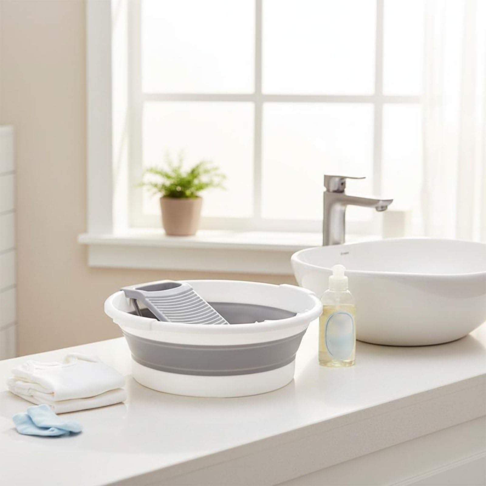Lavabo Pieghevole con Asse Lavapanni Bacinella Portatile Catino Richiudibile Vasca per Lavatrice Manuale Materiale PP con Tappo di Scarico Sapone, Grigio, 8064 Auto Drain