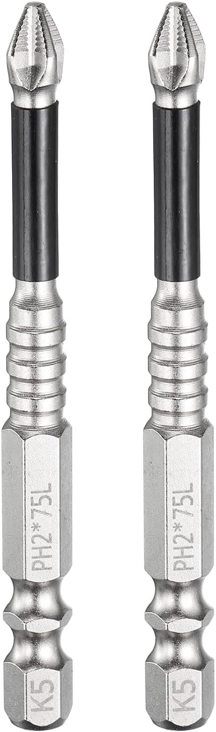 HARFINGTON 2pcs Impact Phillips Screwdriver Bit PH2 (#2) Anti Slip Tip 1/4" Hex Shank 3" (75mm) Long Magnetic Cross Screw Driver Industrial Power Drill Bits