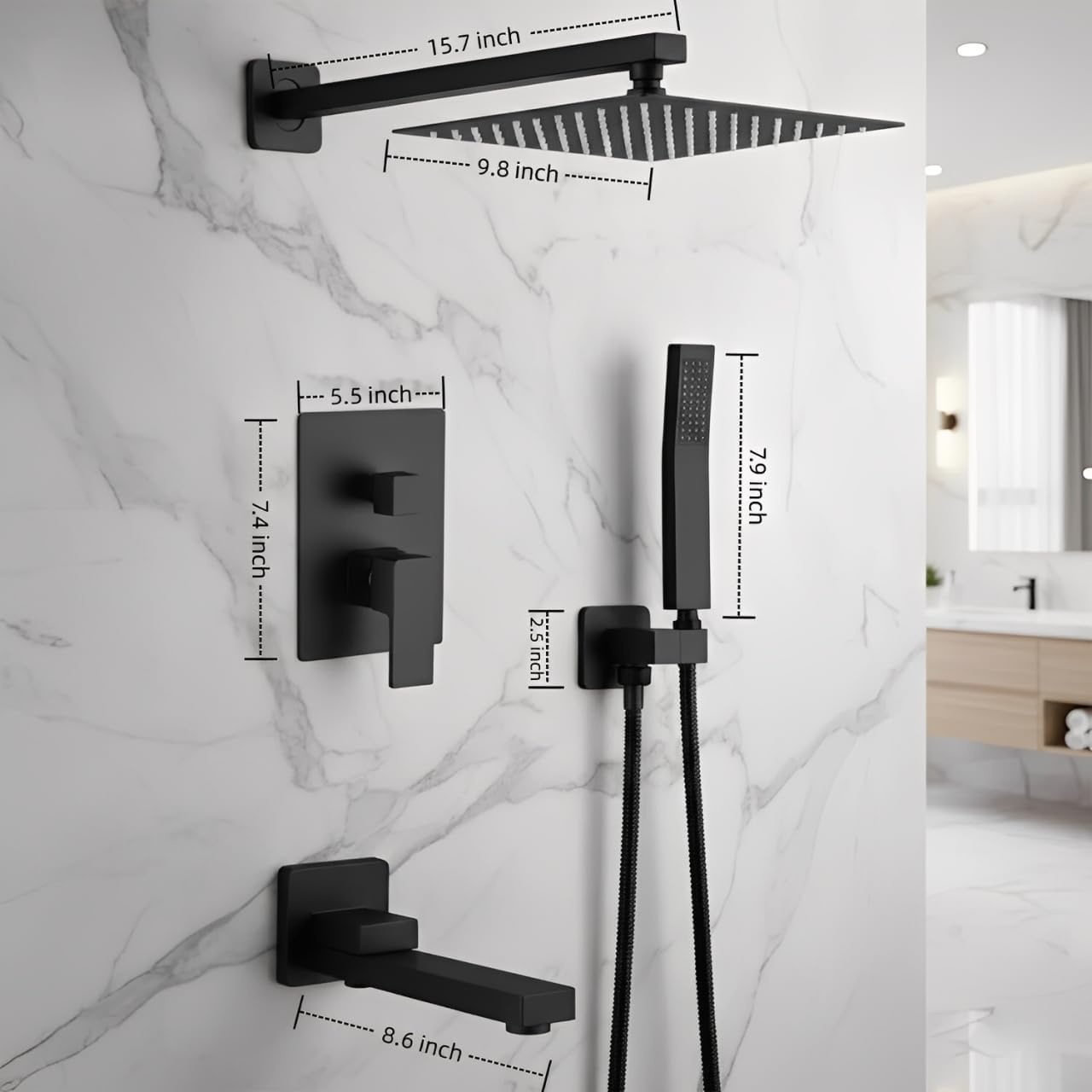 Rainfall Bathroom Shower System with Handheld Spray, Pressure-Balanced Mixer Valve, Durable Metal Shower Kit, Wall-Mounted Design for Modern Bathrooms, Black