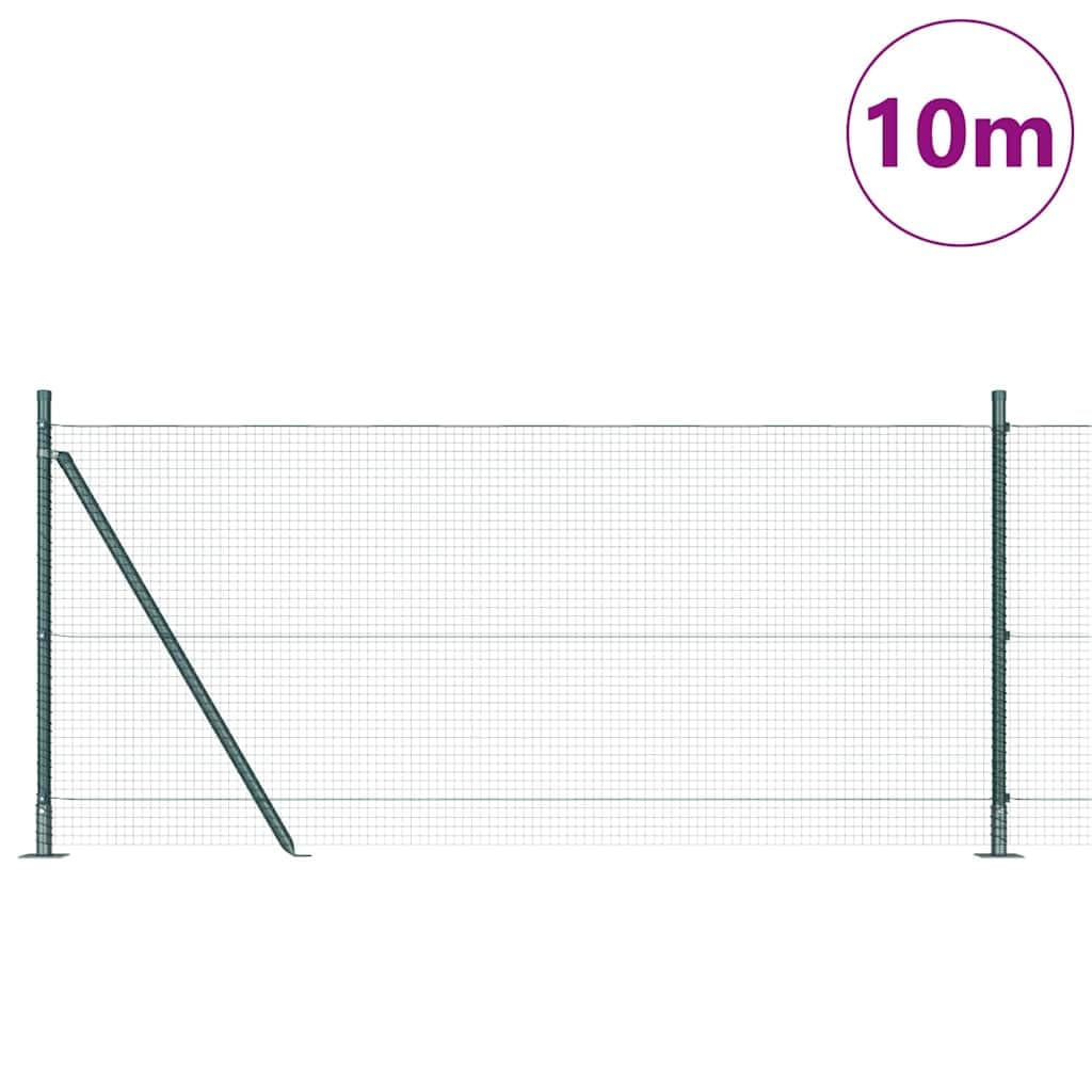 Valla de alambre soldada con base de hormigón, acero recubierto de PVC verde, 10 x 0,8 m, 5 postes, postes angulares, tensores, alambre de amarre, valla de jardín, seguridad, terraza