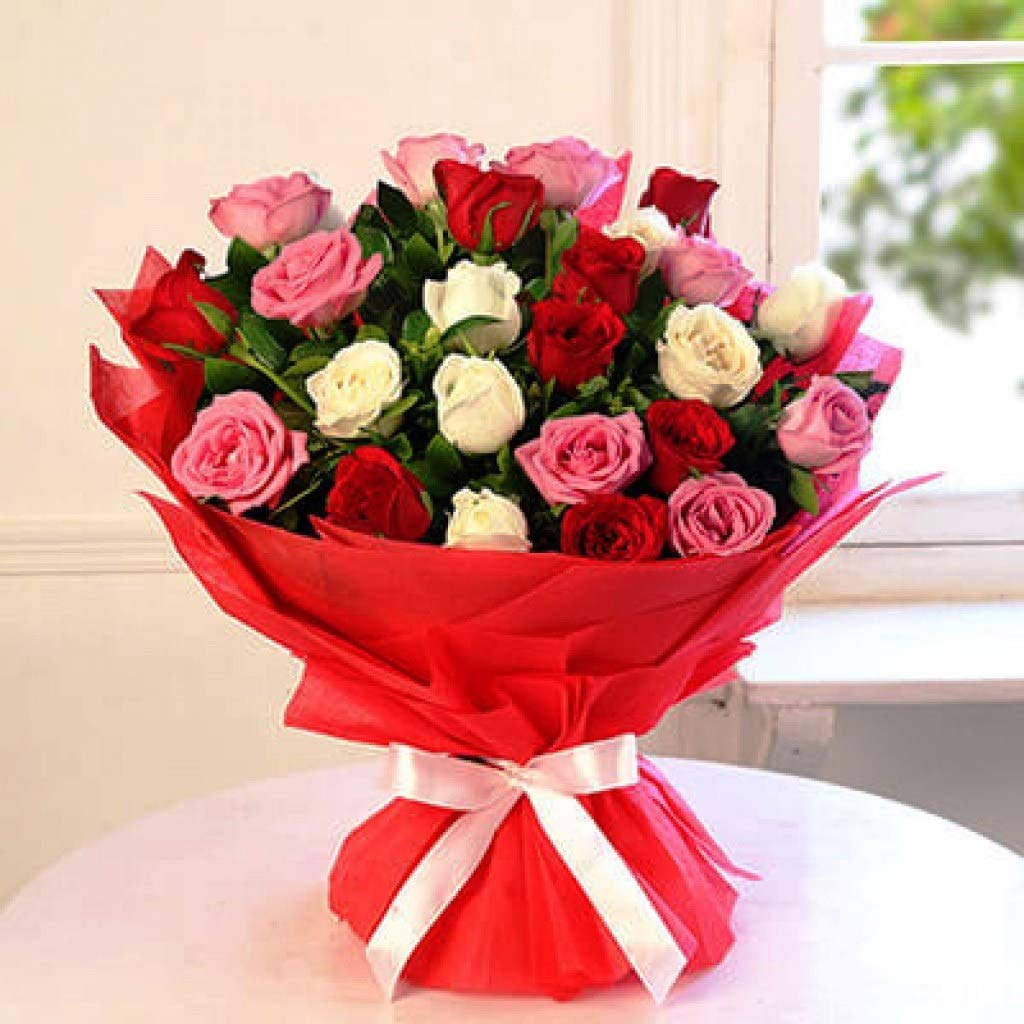the floralmart Mother's Day Special Fresh Flowers Bunch of 20 Multicolour Roses in Paper Wrapping, (Bunch of 20, Multicolour)-picture-31