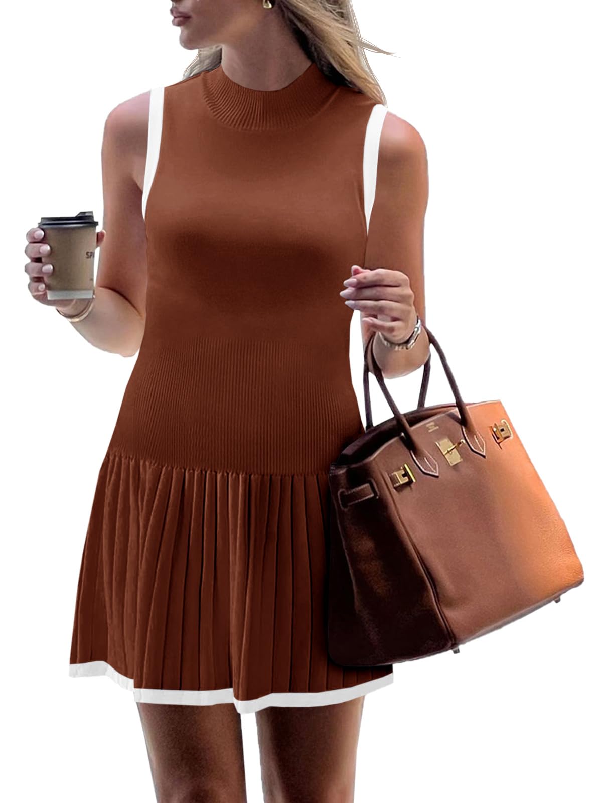 Wenrine Womens Pleated Mini Dress Sleeveless Summer Tank Dresses | mock neck, drop waist, flowy, ribbed knit, casual short dress