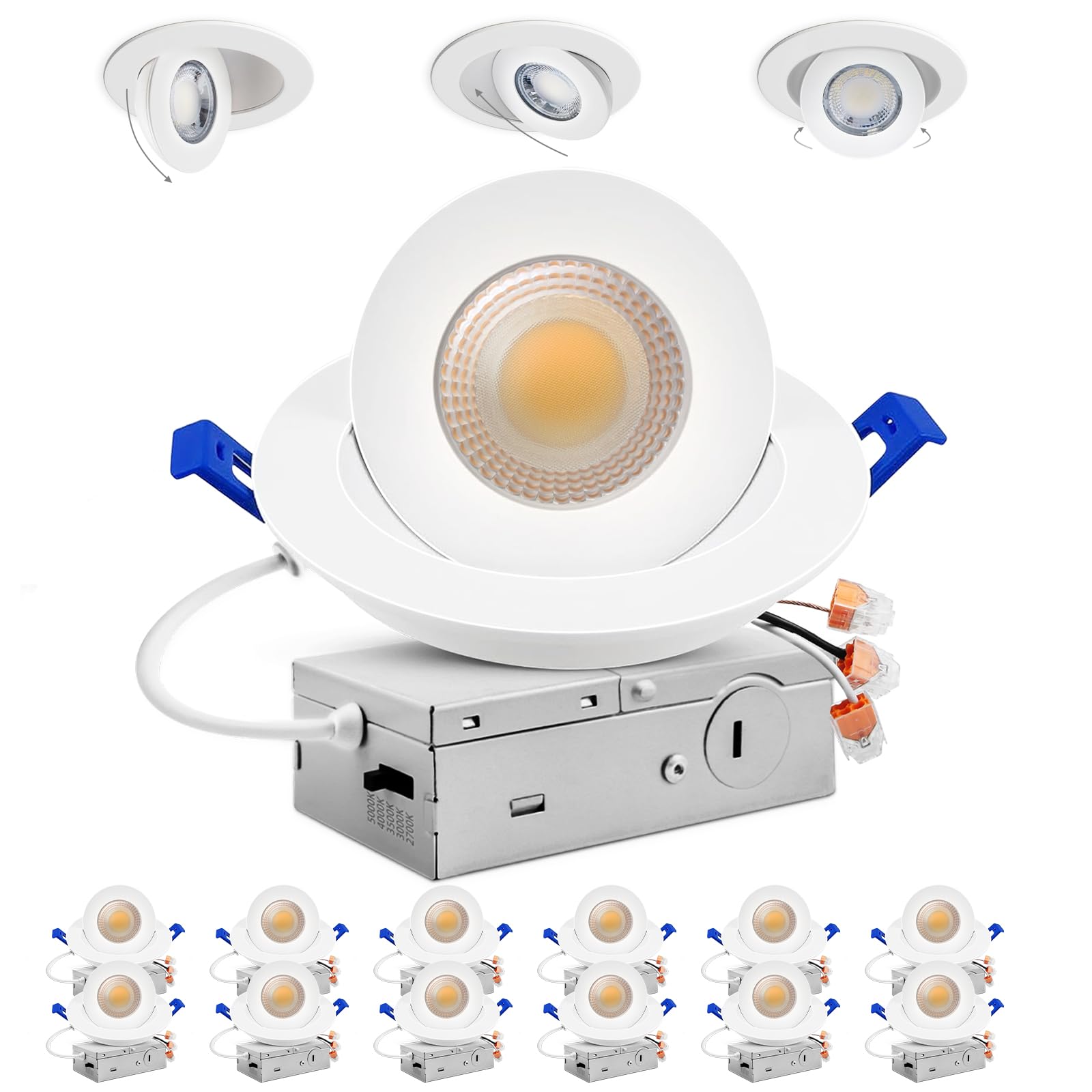 Photo 1 of Adetu 4 Inch Gimbal LED Recessed Lights, 360+90 Adjustable Directional Recessed Lighting, 2700K/3000K/3500K/4000K/5000K Dimmable Retrofit Eyeball Can Lights with Jbox, ETL, White, 12 Pack