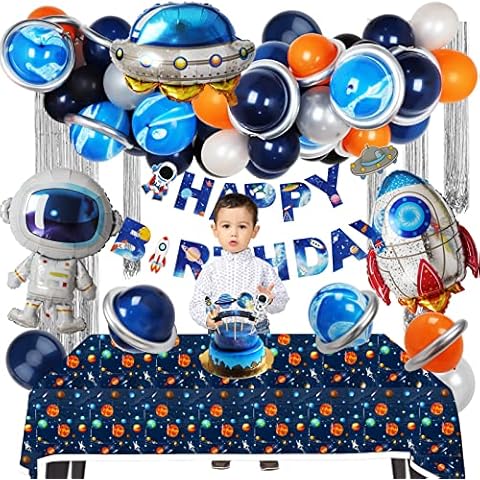 Recosis Space Birthday Party Decorations, Outer Space Party Supplies Include Happy Birthday Banner Tablecloth UFO Rocket Astronaut Balloons for Solar System Galaxy Universe Themed Party Cover
