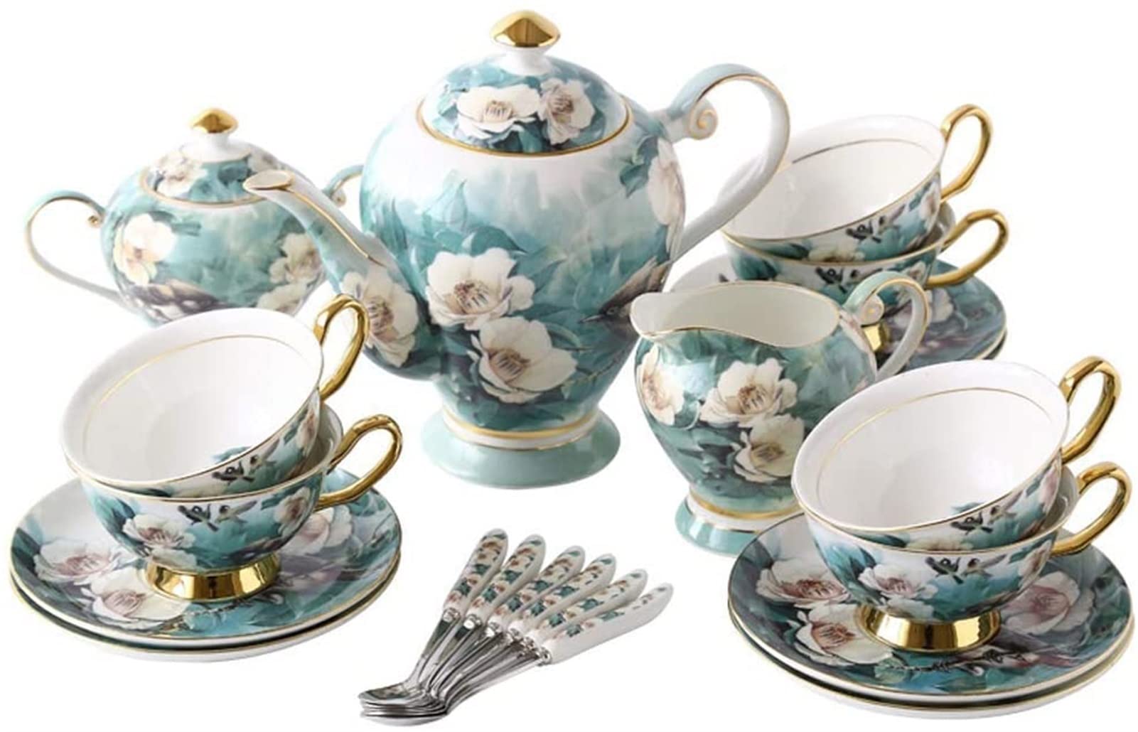 YNIYUJKL Ceramics Coffee Cup Saucer Set With 21 Pieces Home Porcelain Tea Set With Dish And Teapot Cuckoo Pattern European Style Tea Cup And Saucer Set