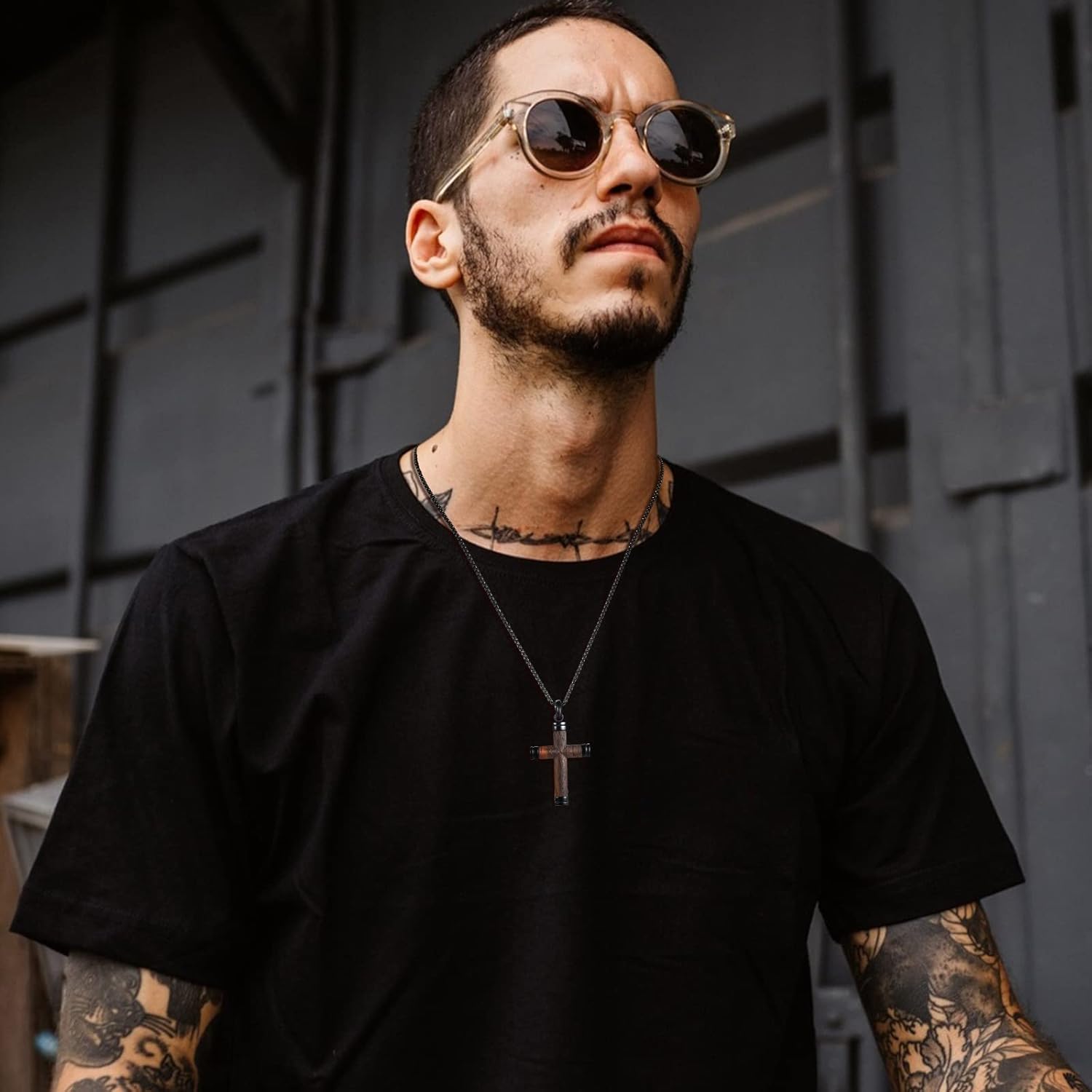 Wooden Cross Necklace for Men, Real Handmade Ebony Wood Cross Pendant Necklace Black Stainless Steel Chain, Christian Baptism Mens Cross Necklaces, Including 24 Inch Box Chain - Image 3