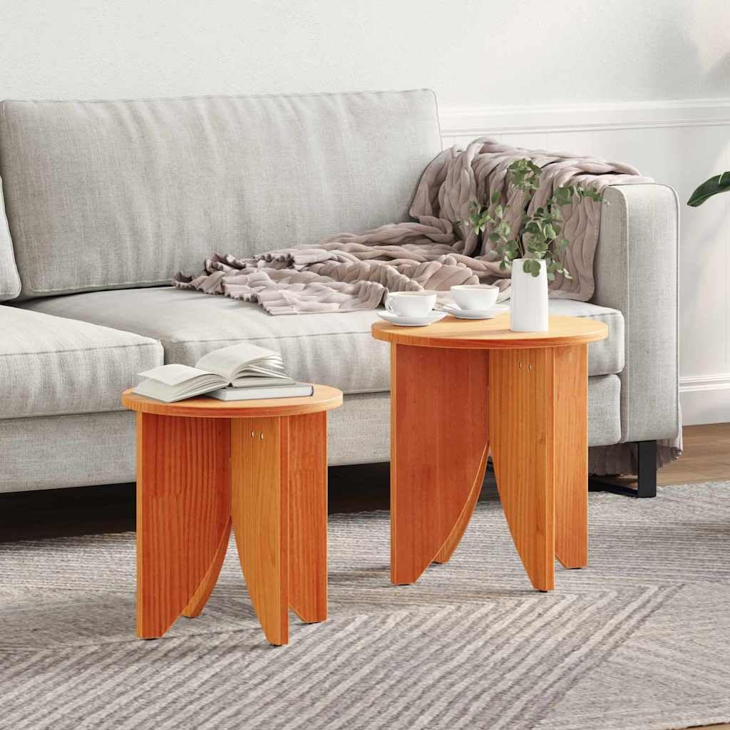 Table basse en bois de pin massif brun ciré lot de 2 tables rondes gigognes pour le salon