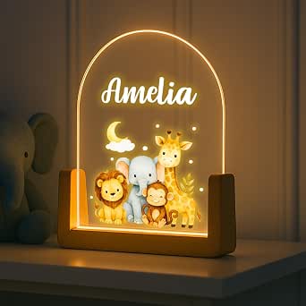 Custom Name LED Night Lamp – 5x7 Personalized Nursery Night Light, Wooden LED Base Acrylic Bedside Light for Kids