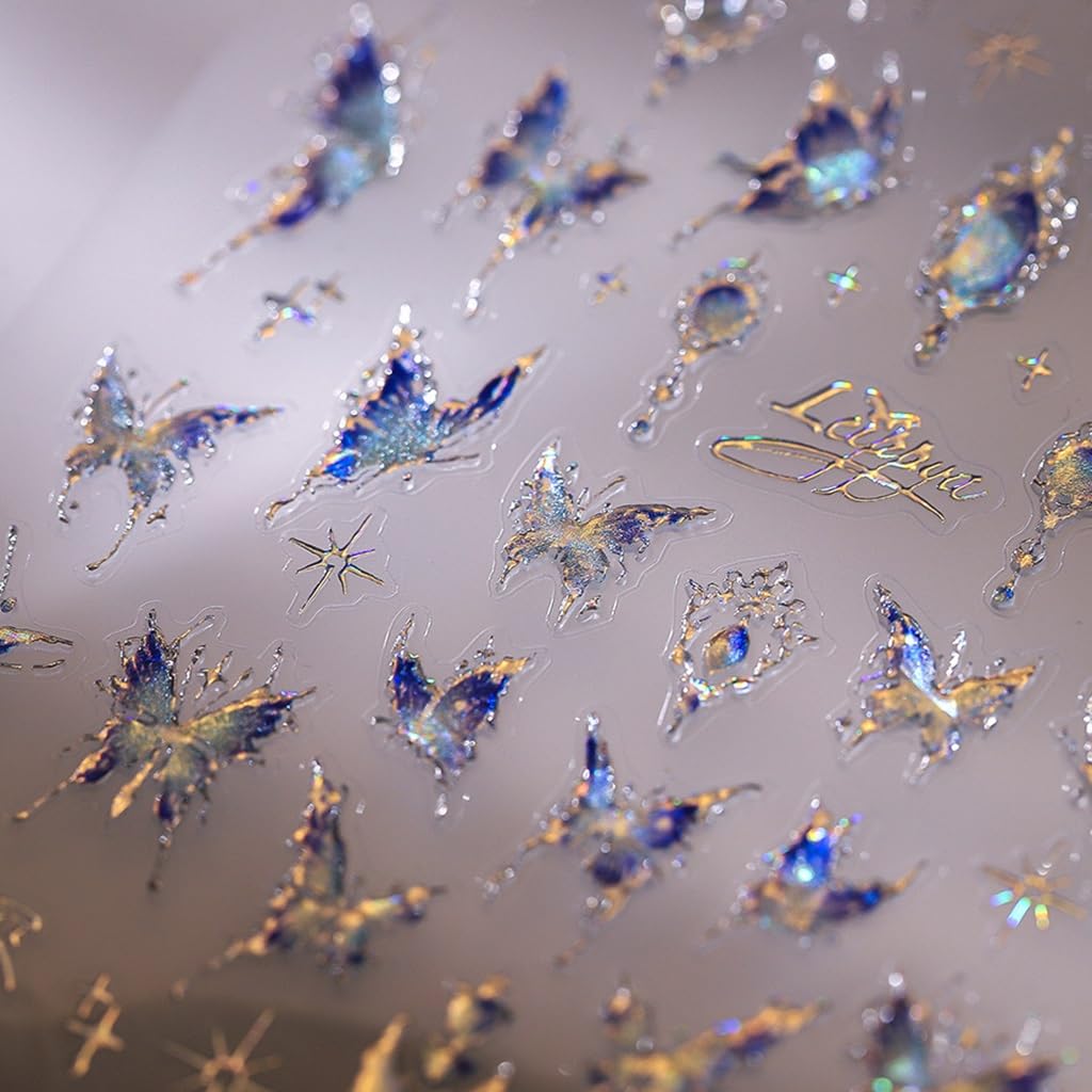 Butterfly Nail Art Stickers 5D Butterfly Nail Stickers Blue Nails Decals Gold Star Nail Art Stickers Decals for Women DIY Manicure Nails Art