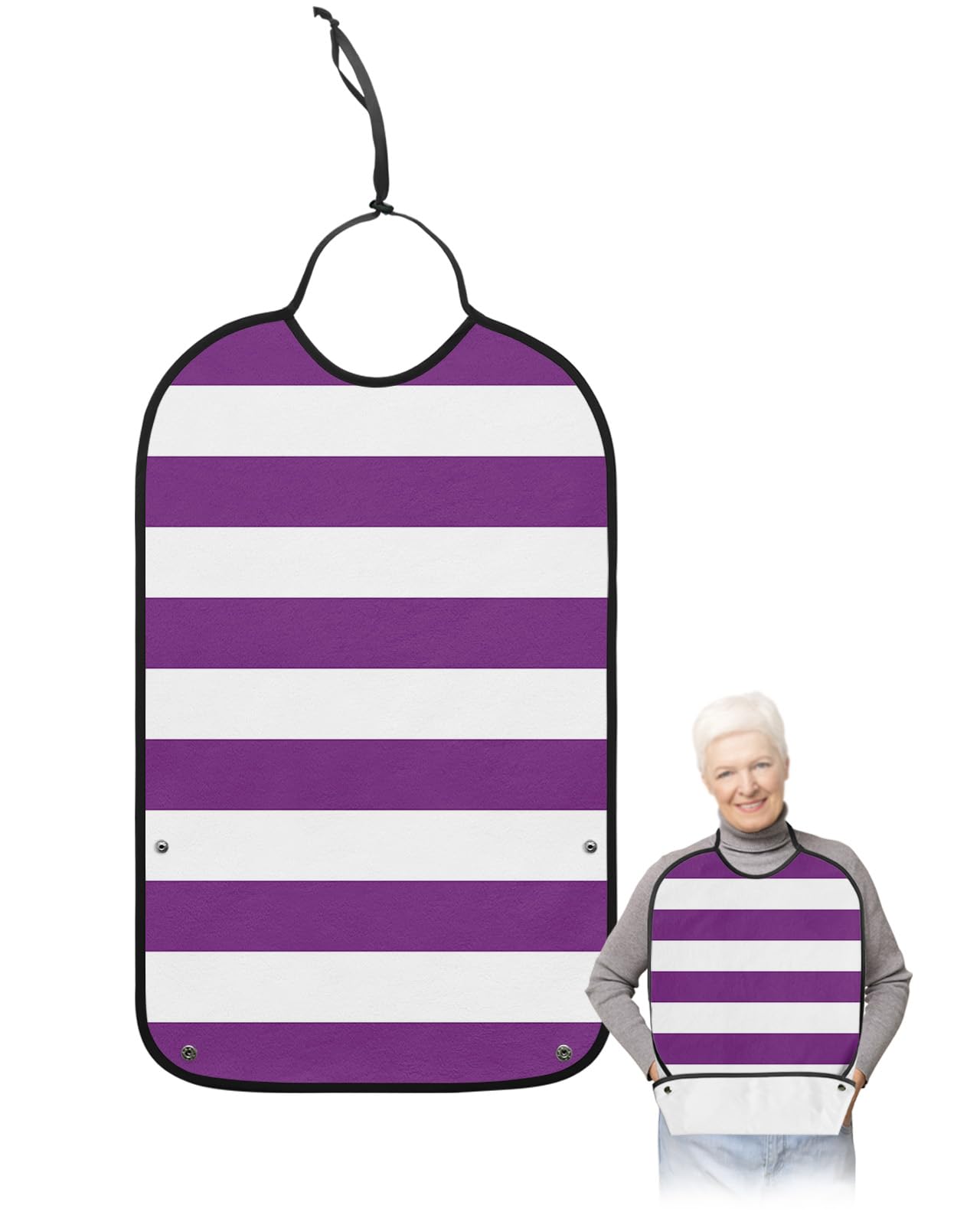 LEOKOTI Purple Stripes Adult Bibs for Eating, Waterproof Bibs with Food Catcher & Adjustable Snap Closure, Simple Purple White Texture Washable Clothing Protectors Adult Bibs for Elderly Women/Men