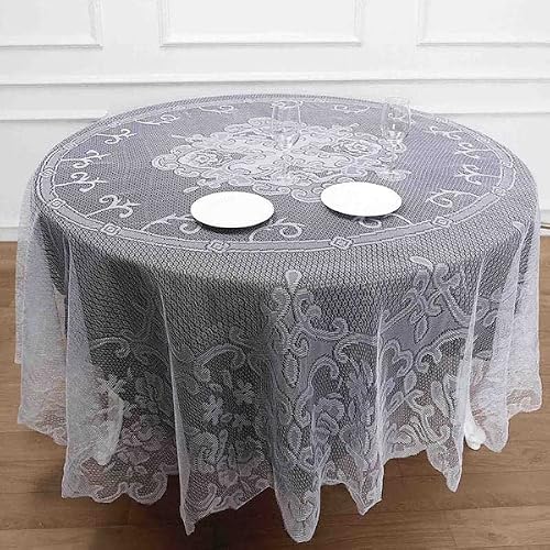 Tableclothsfactory 90\" White Premium Lace Round Tablecloth for Banquet Party Wedding Event Home Decor - Thumbnail 6