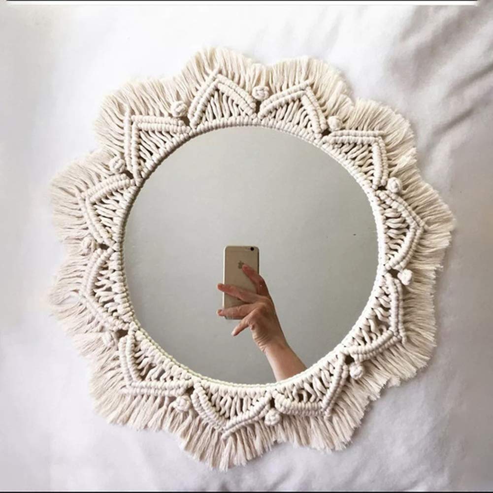 undrandHanging Wall Mirror with Macrame Fringe, Round Antique Mirror Frame Art, Bohemian Handmade Decor for Apartment Living Room Bedroom Baby Nursery Dorm Entryways Gift L