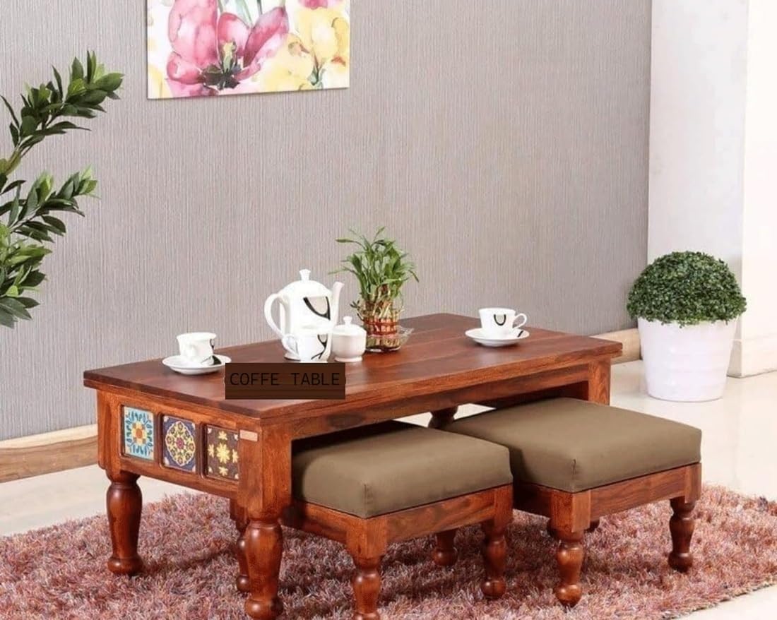 Solid Sheesham Wood Coffee Table with 2 Ottoman Seating Stools with Cushion for Living Room Home | Wooden Center Table with Accompanying Stools for Hotels - Dark Brown Finish-picture-26