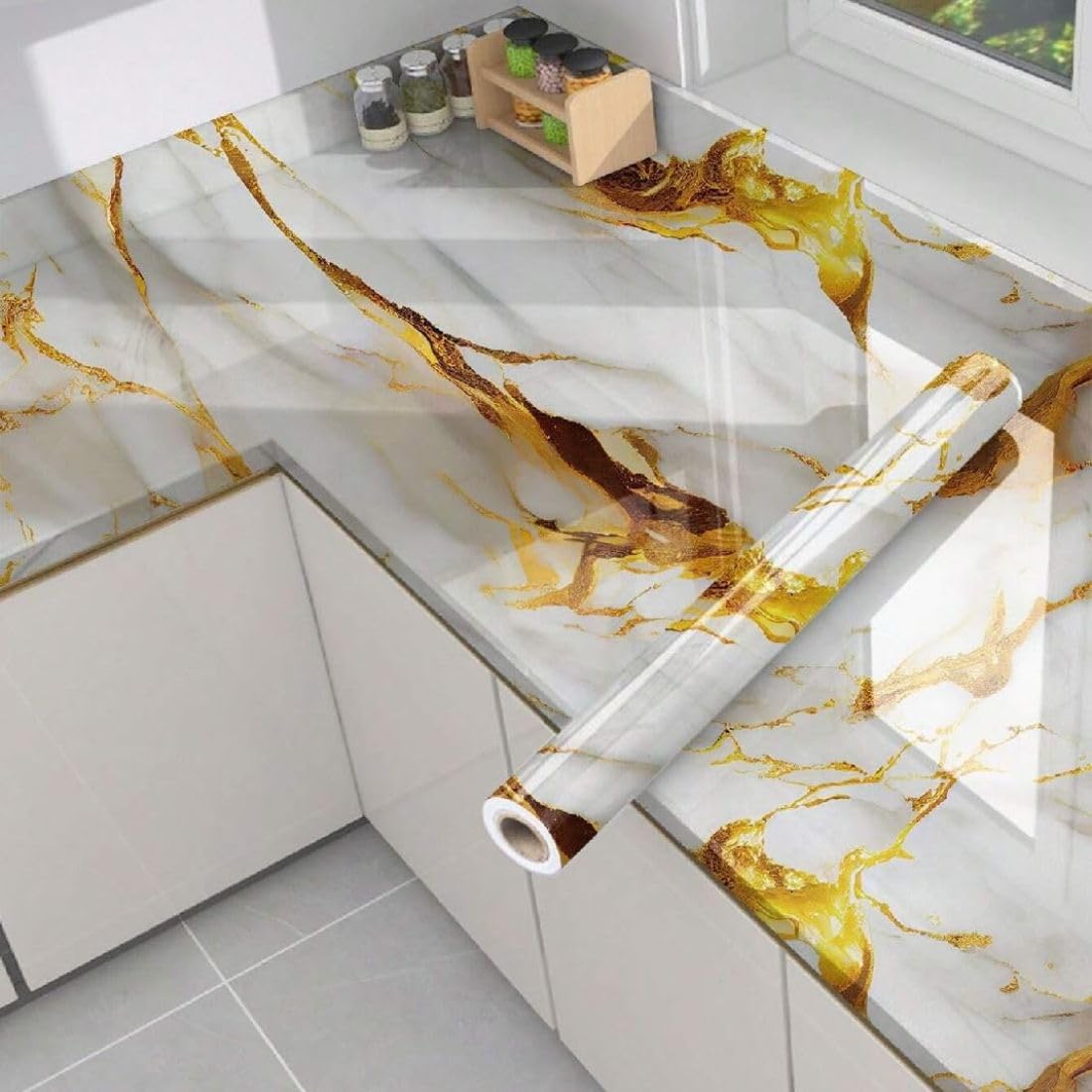 FLETIX Vinyl Peel and Stick Waterproof Wallpaper for Old Furniture Self Adhesive and Removable Surfaces for Home Cabinet Oil Proof Kitchen Countertop Stickers (10, Ocean White Gold(60x200cm)) (B0DH3HZT37) Amazon Price History, Amazon Price Tracker
