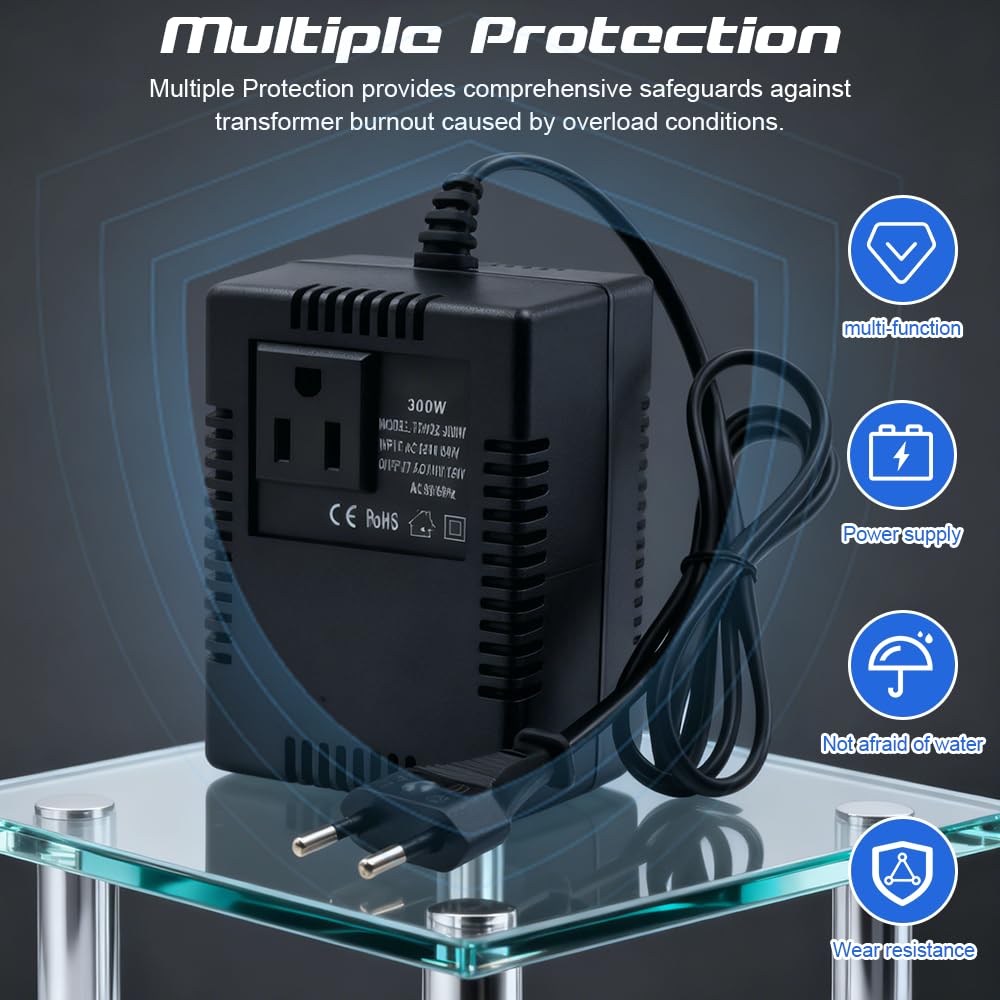 Spannungswandler Transformator 220v auf 110v, 300W Netzadapter Schritt Runter Stromkonverter, Voltage Converter 220v to 110v mit Stecker, Reisestromadapter Spannungswandler für Handys, Rasierer
