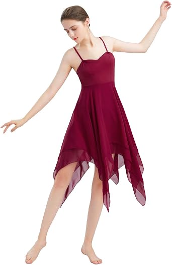 AFAVOM Solid Lyrical Dance Dress for Women Contemporary Dance Costume Handkerchief Flowy Chiffon Dress Lyrical Dancewear