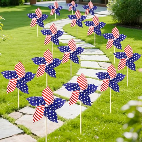 EBaokuup 16 Pcs American Flag Pinwheels Patriotic Pinwheel for Yard and Garden Red White Blue 4th of July Wind Spinners for Outdoor Parades Memorial Day Party Supplies