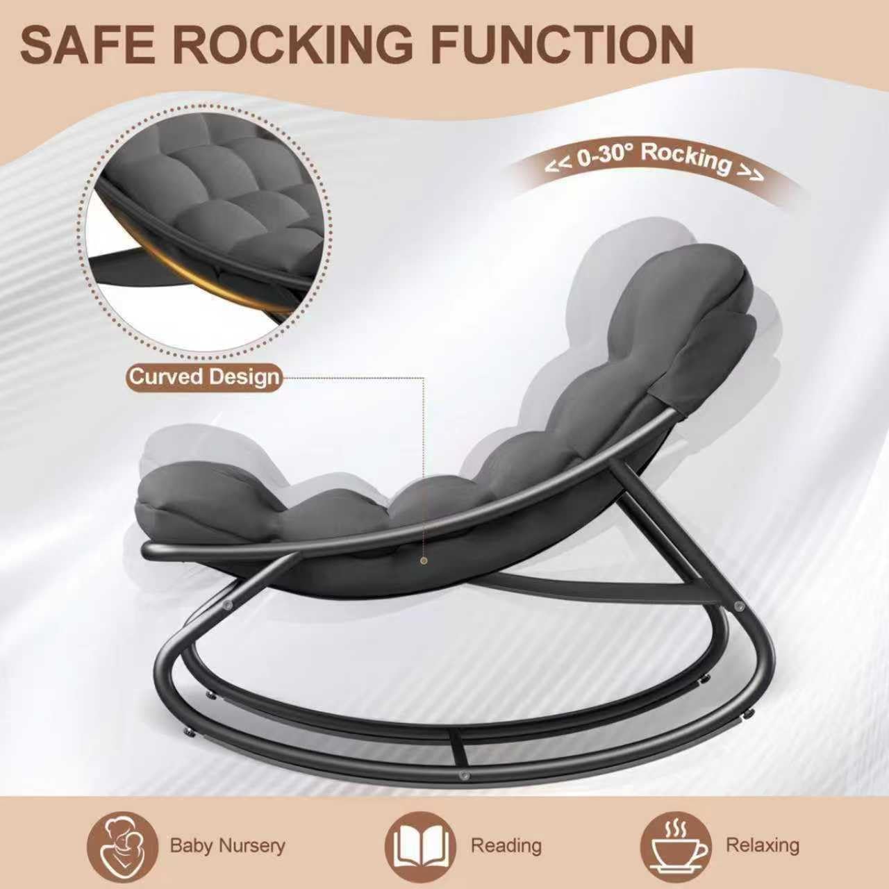 Schaukelstuhl mit Hocker Innen,Loungesessel Outdoor,XXL Schaukelsessel Relaxstuhl, Schaukelstuhl Wohnzimmer, Relaxstuhl mit Gepolstertem Kissen bis 150kg Belastbar, Schaukelliege für Balkon(Grau-yao)