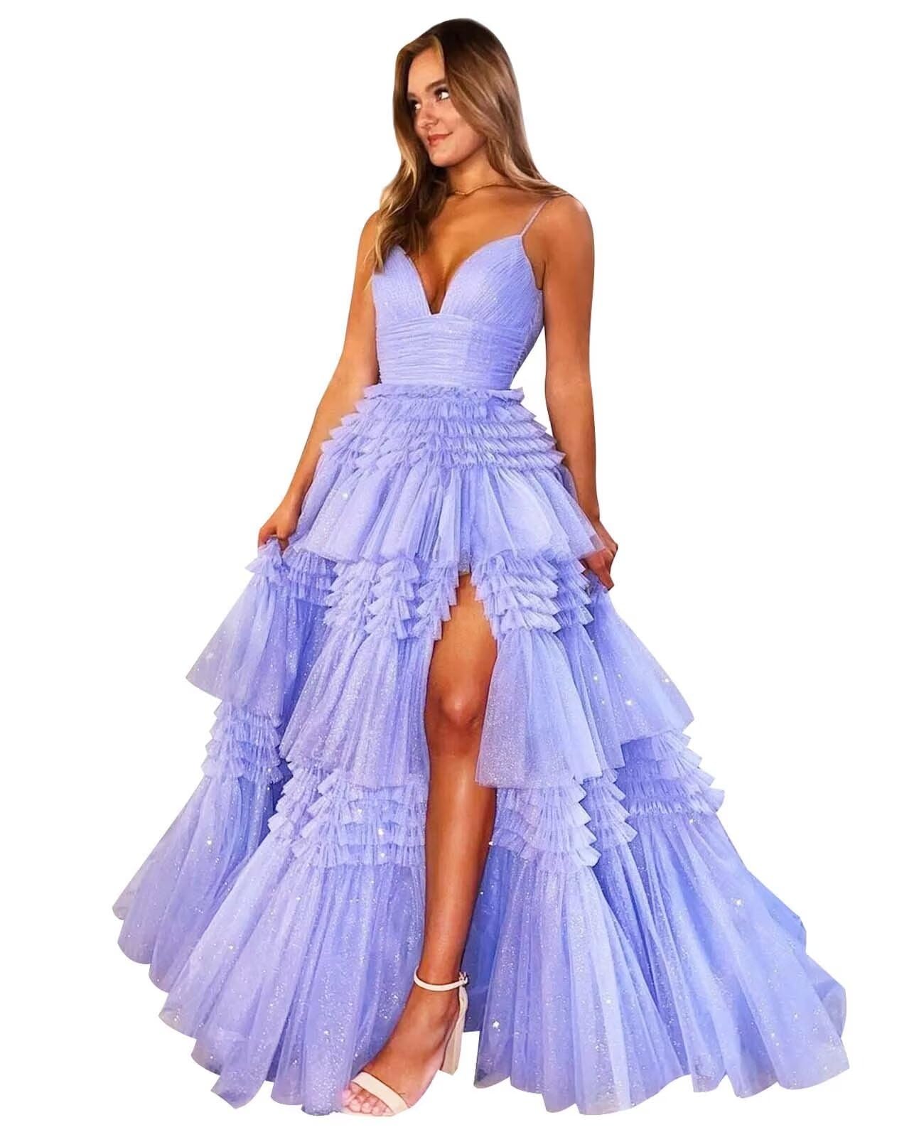 Tiered Glitter Tulle Prom Dresses for Women Princess Ball Gown Long Formal Evening Dress with Slit