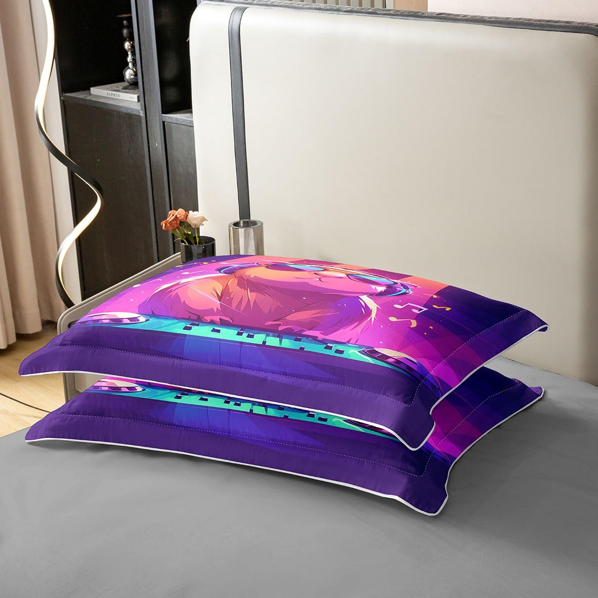 Manfei Set di biancheria da letto con simpatico porcellino d'India, per ragazzi e ragazze, divertente, motivo criceto, animale, musica hip hop, viola, decorazione per camera da letto, 2 pezzi, per