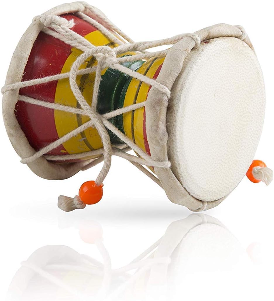 Handmade Wooden Indian Folk Dumroo & Leather Classical Damroo/Damaru Hand Drum Set Percussion Decorative Collectible Showpiece World Musical Instruments (Multicolor)