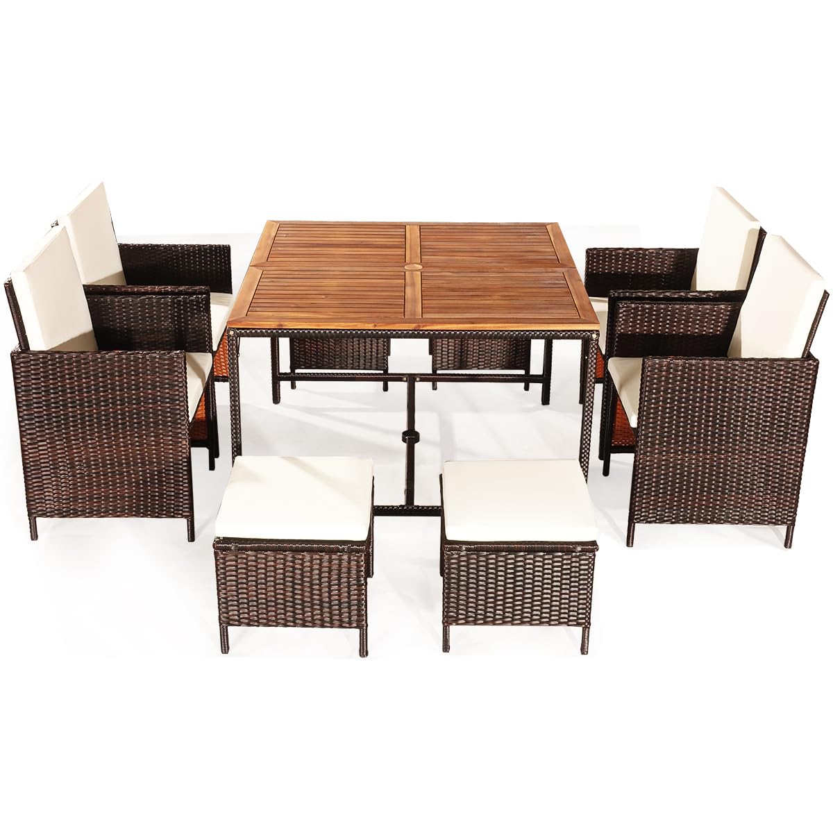 Set Jardin 9 Pièces Rotin PE - Table 110x110cm + 4 Chaises + 4 Tabourets Acacia