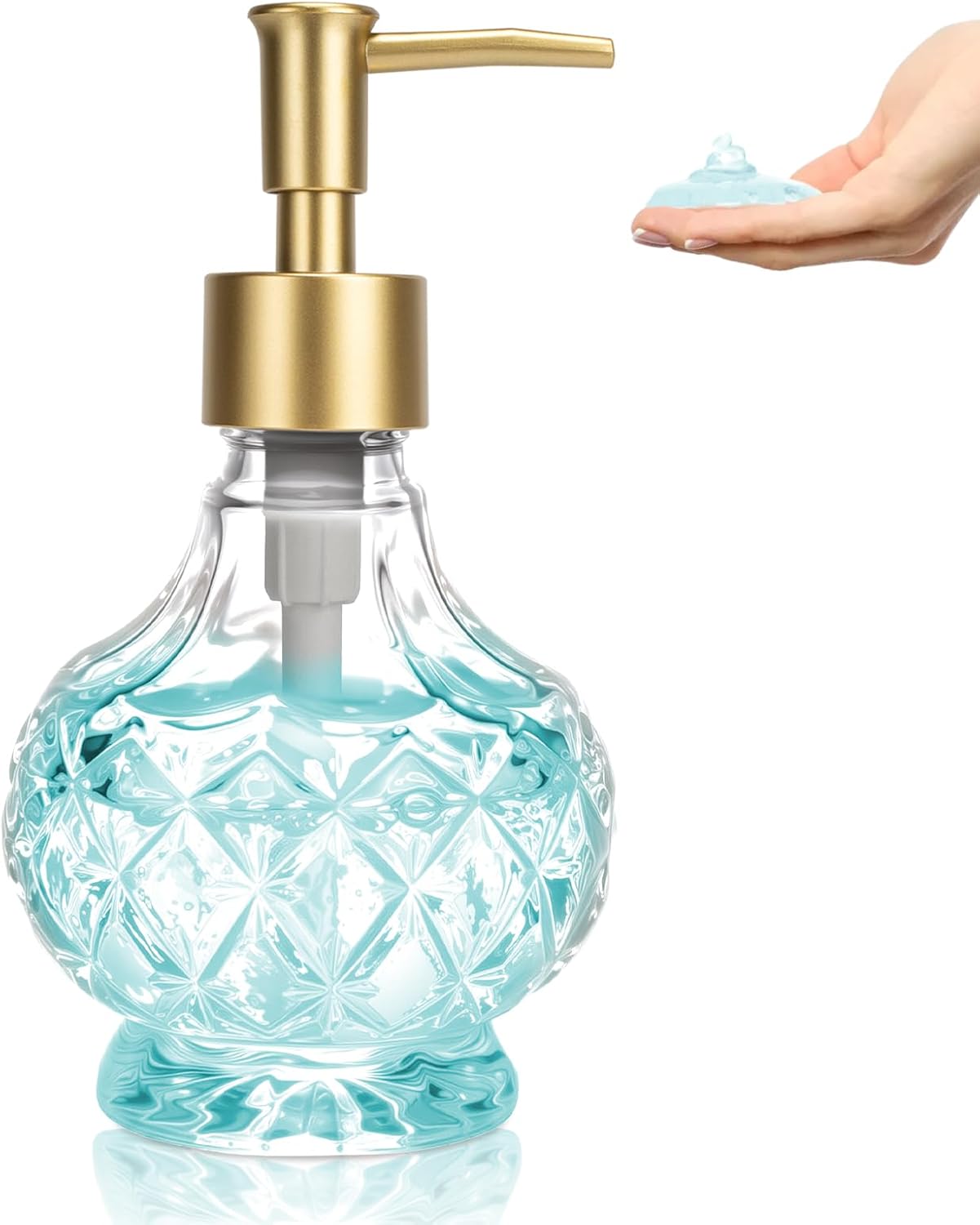 Glass Liquid Soap Dispenser Bathroom, Clear Crystal Design 8.5oz Kitchen Vintage Reusable Soap Dispenser with Rust-Proof Plastic Pump