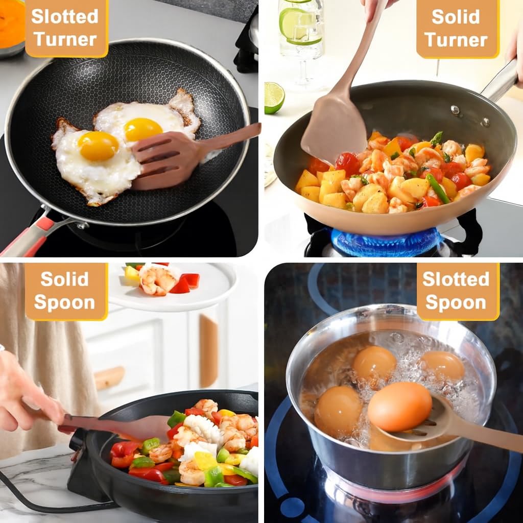 NutriChef Silicone Kitchen Utensils Set - 8-pc Utensil Set with Spatula, Pasta Fork, Solid Spoon, Slotted Spoon & Tool Stand, Heat-Resistant, Food-Grade Safe, Easy-to-Clean, Stackable Design (Brown)