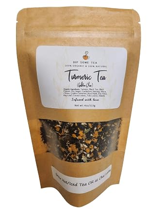 Organic Turmeric Tea 4 Oz 113gm | Golden Chai | Blended with Turmeric, Cardamom, Ginger, Pepper, Ceylon Cinnamon, Nutmeg, Mace, Cloves, Tulsi, Star Anise, Mulethi, Root Pipali, Bay Leaf, Cassia Leaves | Spiced Indian Tea | Spiced Assam Tea | Loose Leaf Tea | Chai Latte | Iced or Hot | DipSomeTea