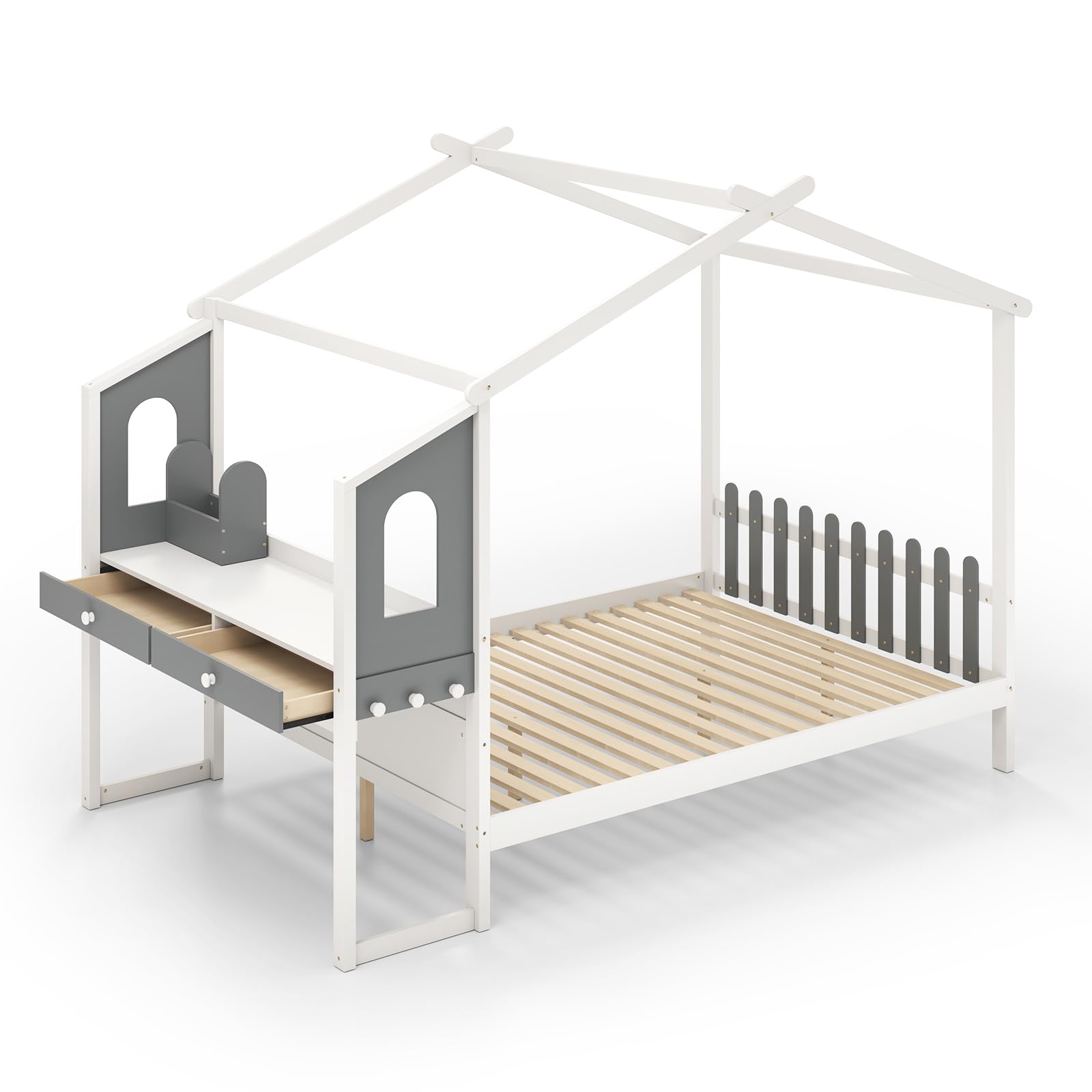 RELAX4LIFE Letto per Bambini in Legno a Forma di Casa con Scrivania Laterale e 2 Cassetti, Lettino a Casetta con Tetto per Ragazzi e Ragazze, Portata 150KG (253x152x193cm)