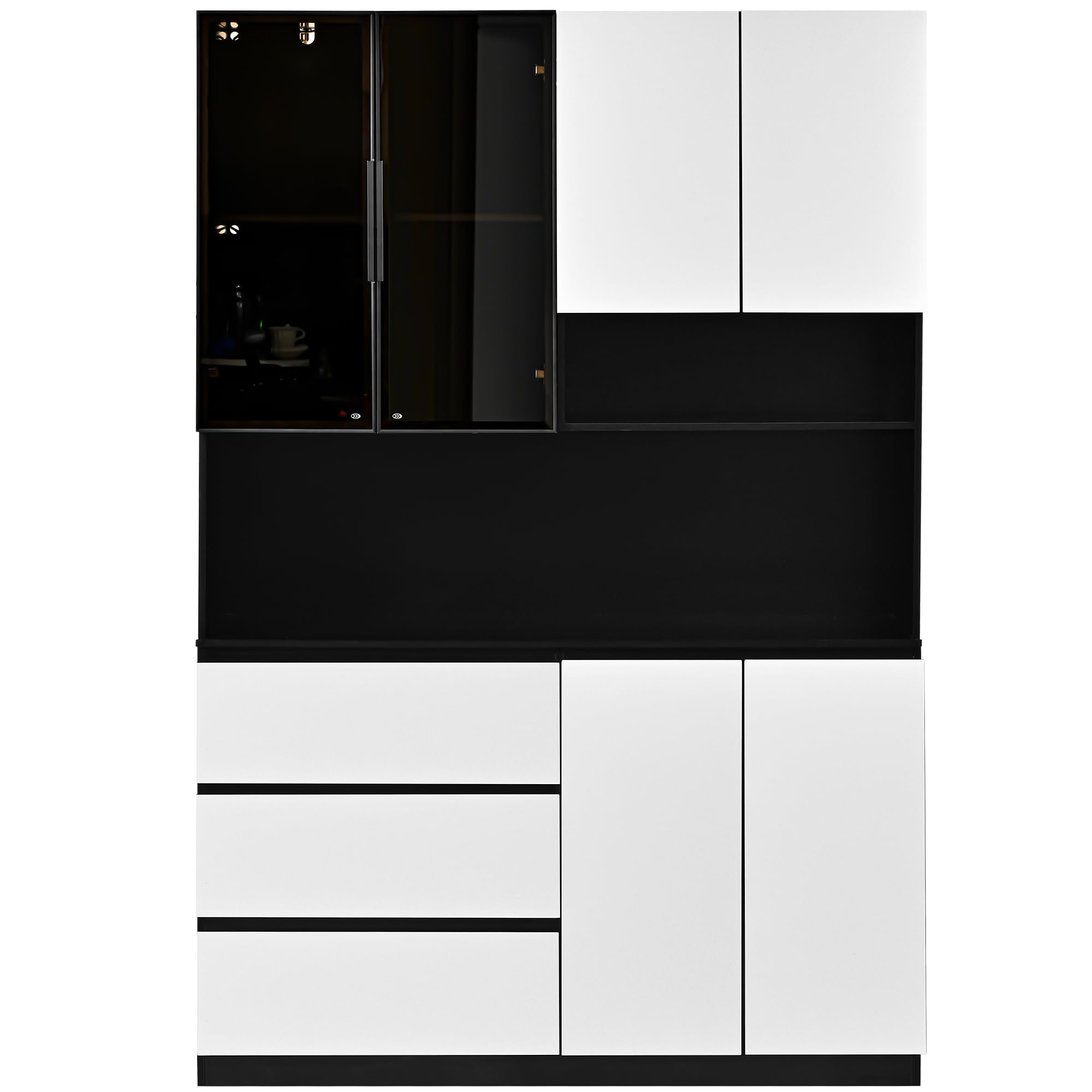 REXO Vetrina da cucina multifunzionale, con illuminazione a LED, 6 ante, 3 cassetti, ripiani, per riporre stoviglie, microonde, L 120,5 x P 40 x H 180 cm, bianco + nero