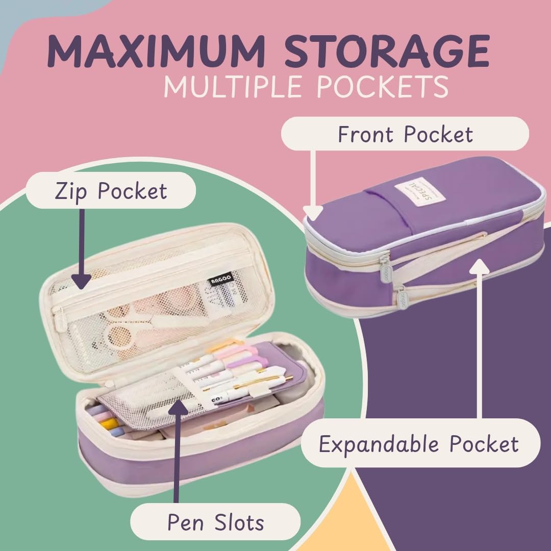 Complete Back to School Aesthetic Stationery Set, Large Pencil Case With School Supplies and College Essentials. Pens. Pencils, Eraser, Sharpener Geometry Set, Highlighters (Pastel Purple/Cream) - Image 3