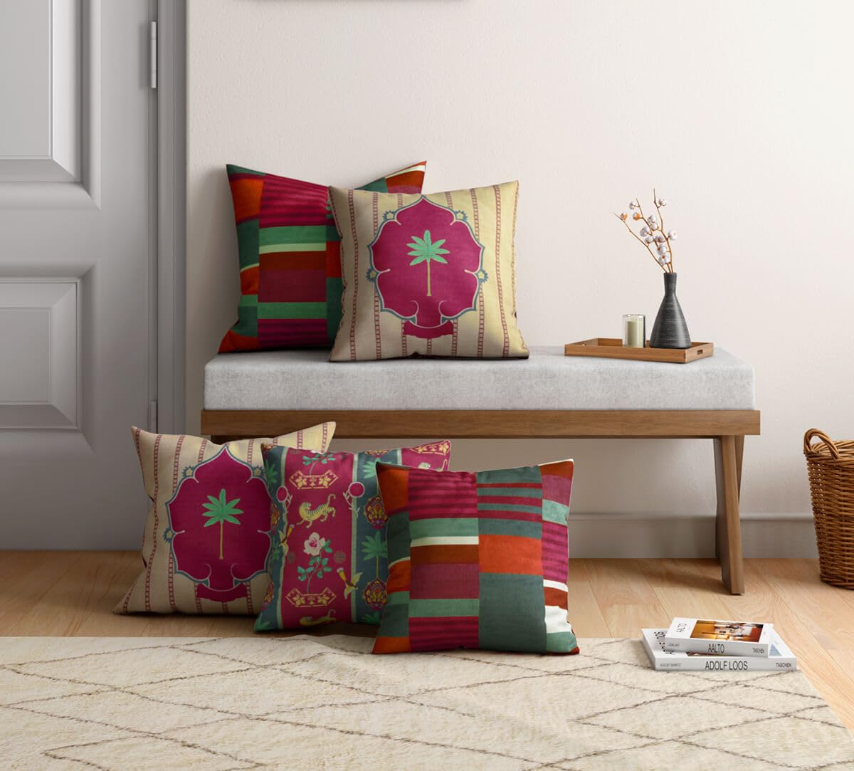 India Circus by Krsnaa Mehta Peepal & Palm Multicolor Blended Velvet Cushion Pillow Covers Set of 5 (16 x 16 Inches)-image-35
