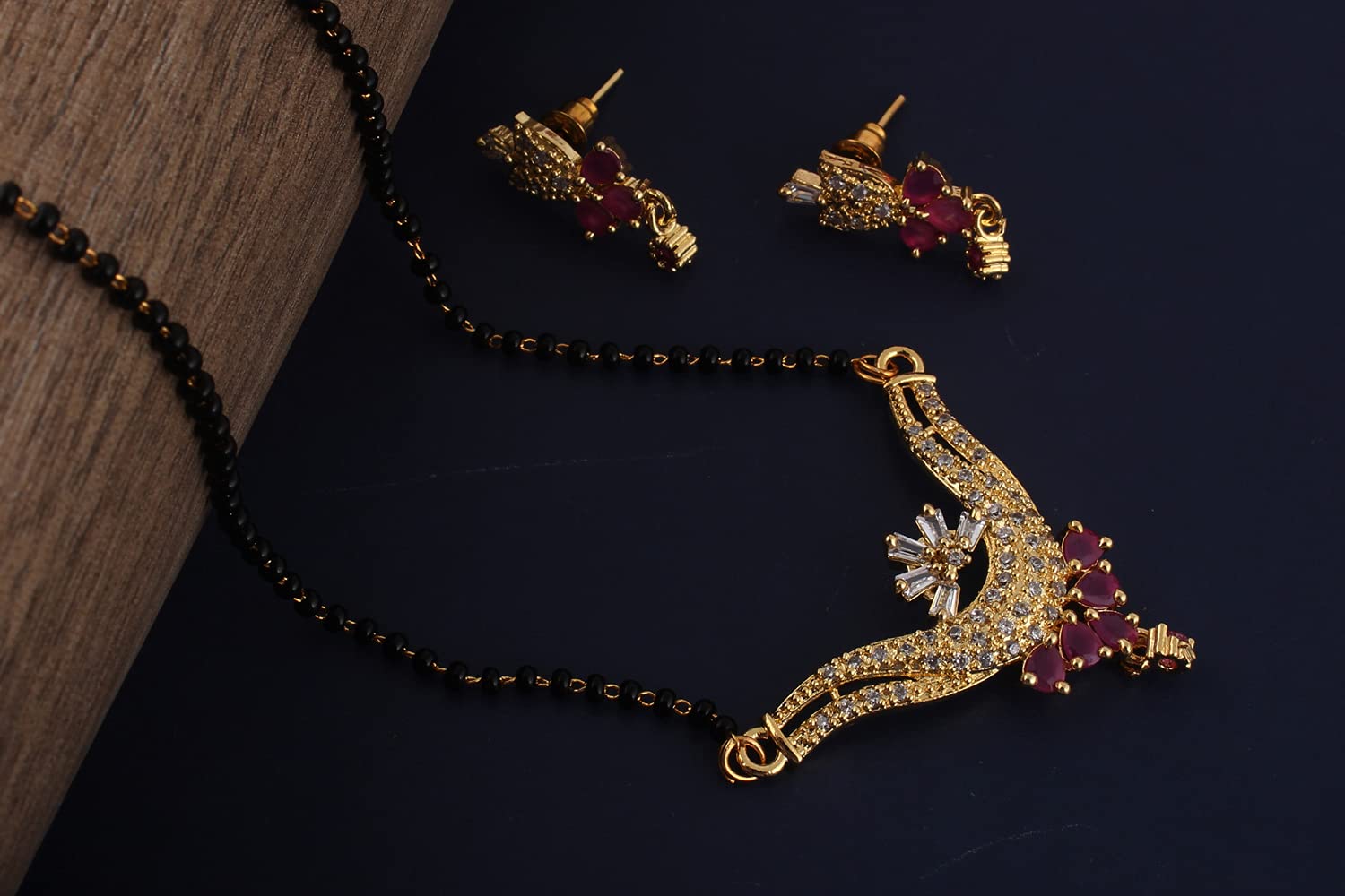 18K AD and Ruby Mangalsutra, Earring with Black Chain