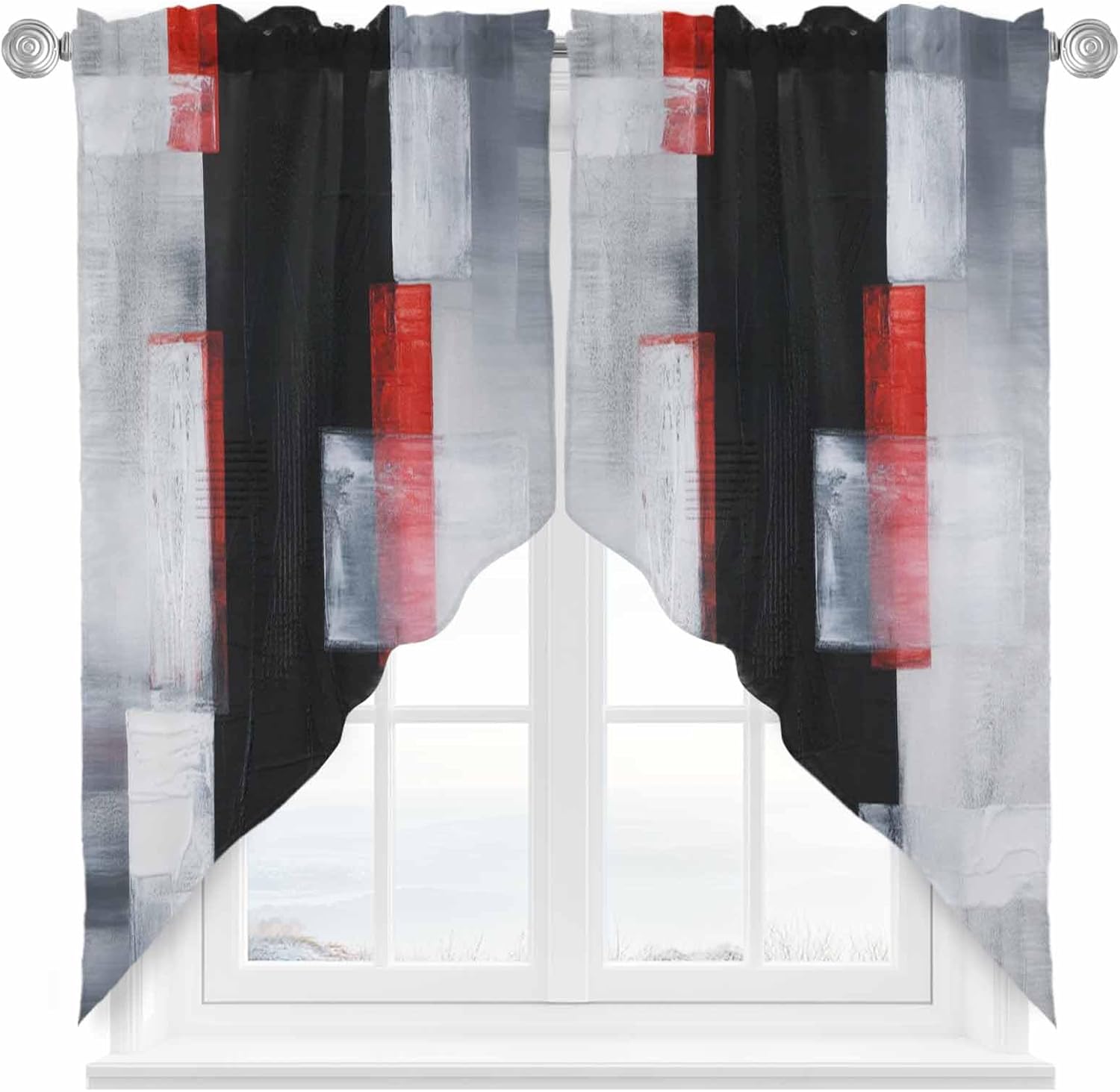 Swag Curtain,Red Black Color Block Kitchen Valances Rod Pocket Curtains Tier Pair Swag Topper,Modern Abstract Art Oil Painting 2 Panels Window Treatment for Bathroom Living Room Bedroom