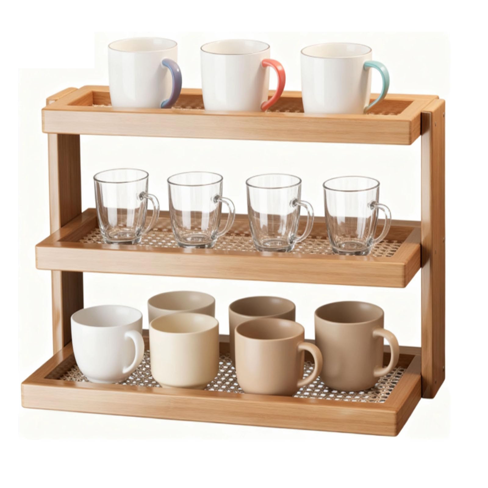 Uck-Kit Brown Coffee Station Organizer, Wooden Mug Holder Countertop, Kitchen Counter Shelf For Tea Coffee Bar Accessories, Matcha Stand, Cup Display, Condiment Storage Rack,,3*Tier