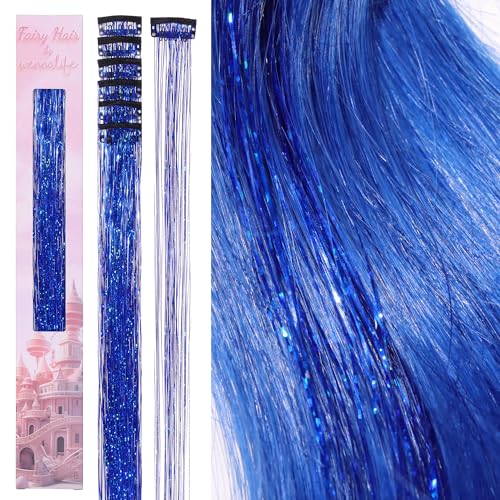 Image of WENNALIFE Hair Tinsel Clip In for Girls Sky Blue, 6pcs 24 inch Clips Tinsel Hair Extensions Clip in Colorful Glitter Clips Sparkle Fairy Hair Accessories for Kids
